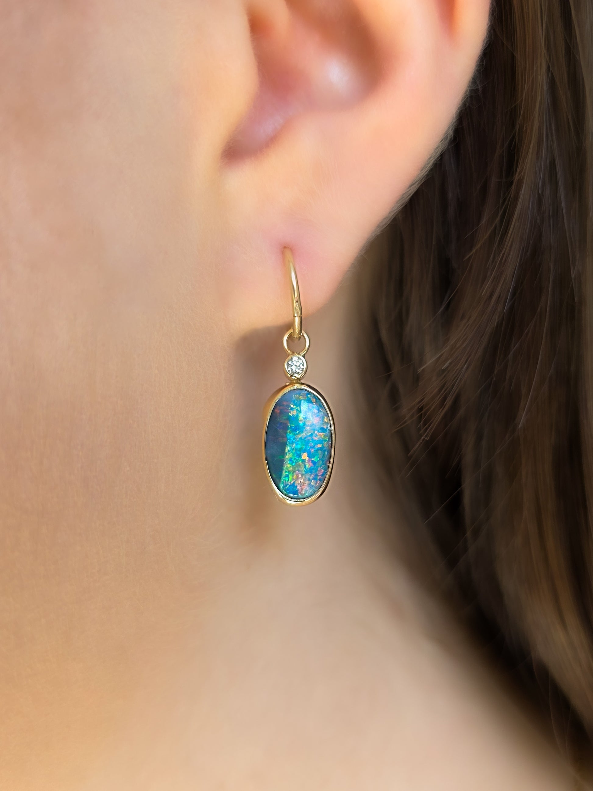 ELDORA | 14K Gold Australian Opal and Diamond Earrings, Coober Pedy Charm Earrings, Solid Hoops