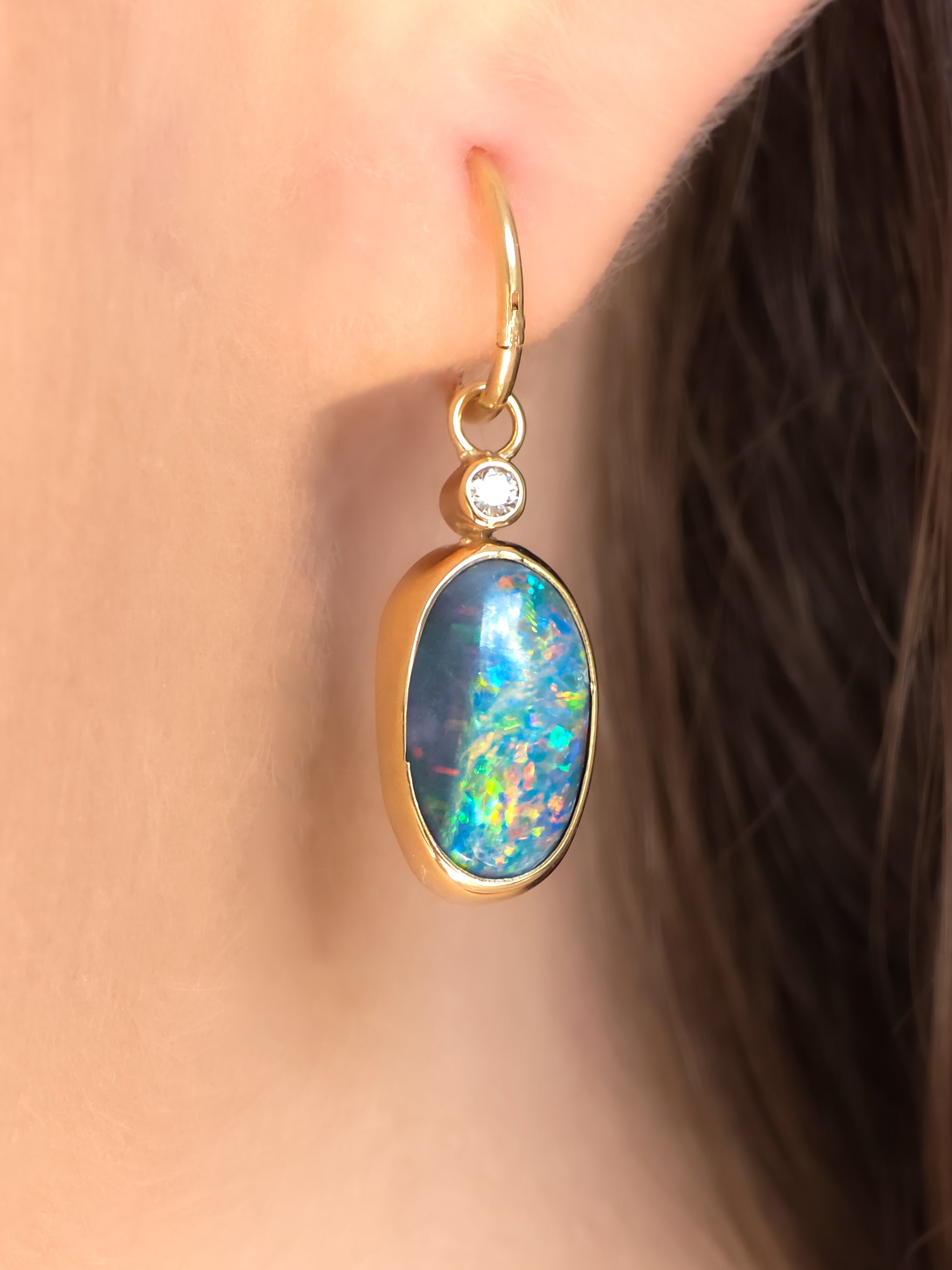 ELDORA | 14K Gold Australian Opal and Diamond Earrings, Coober Pedy Charm Earrings, Solid Hoops