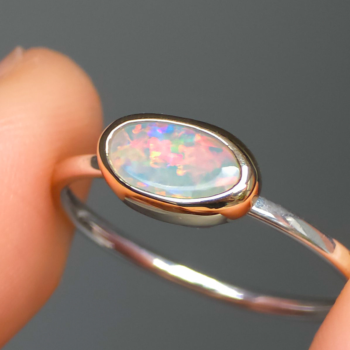 PRAIRIE | 14K Gold + Silver Two-tone Australian opal ring / dainty crystal ring