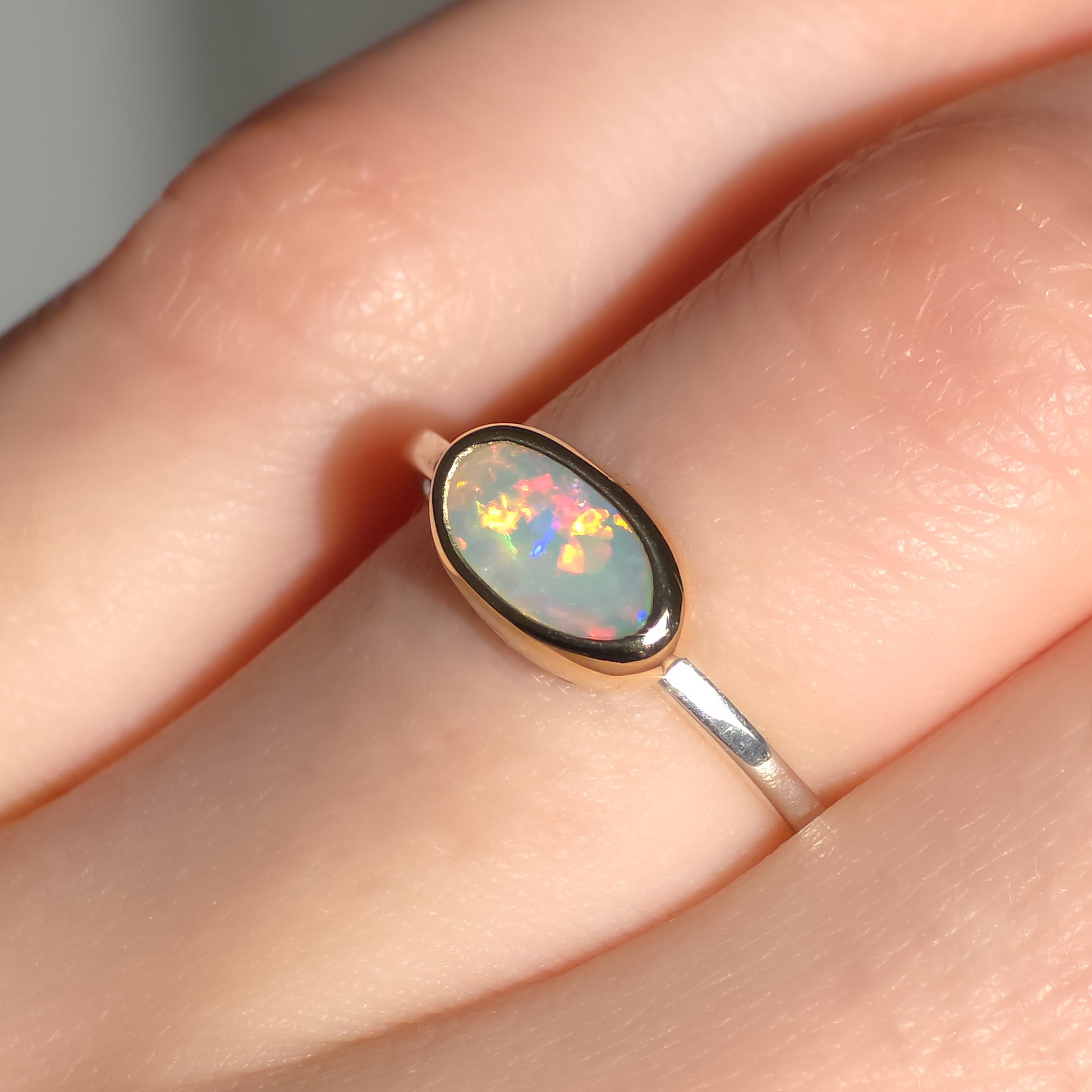 PRAIRIE | 14K Gold + Silver Two-tone Australian opal ring / dainty crystal ring