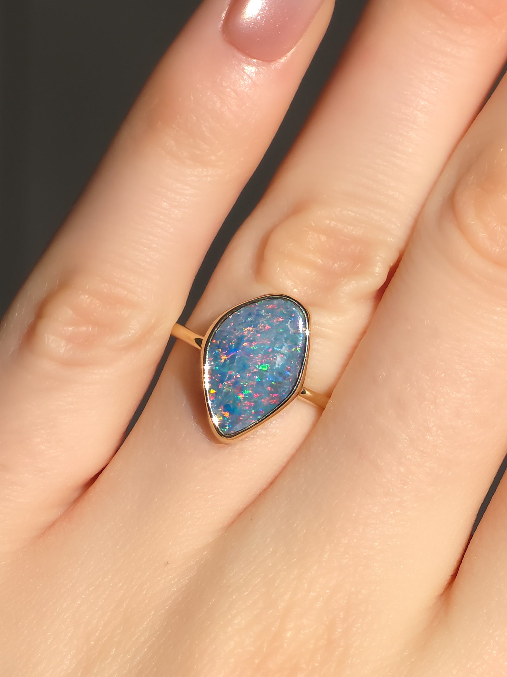 MENUETT | 14K Gold Australian Opal Doublet Ring, Coober Pedy Minimalist Jewelry
