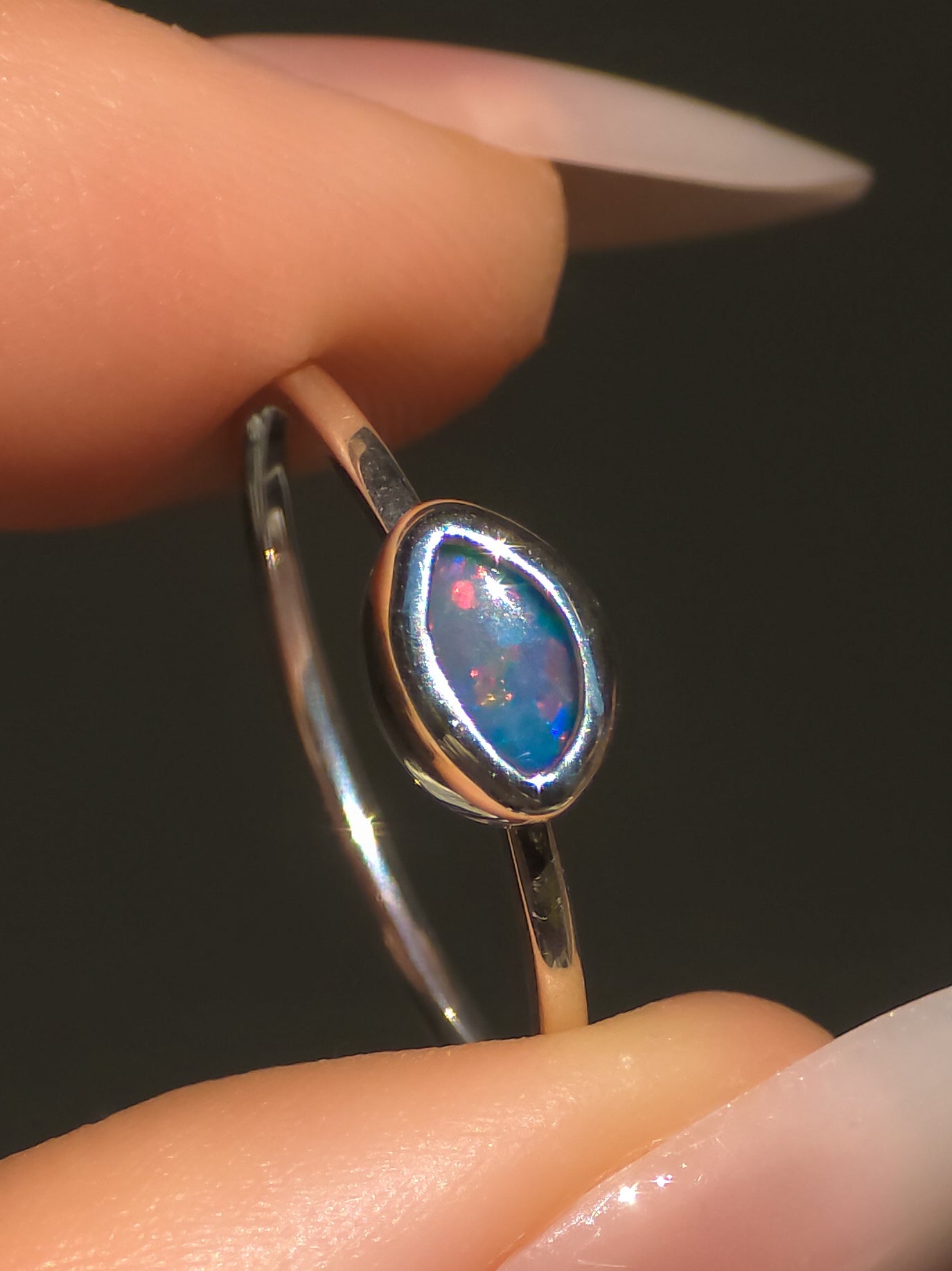 ORA | Australian Opal Doublet Ring, Solid 925 Silver, Coober Pedy Gemstone