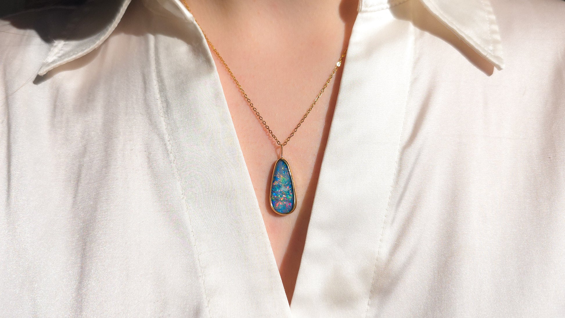 PASSION | 14K Gold Pink Coober Pedy Opal Doublet Necklace, Statement Pendant