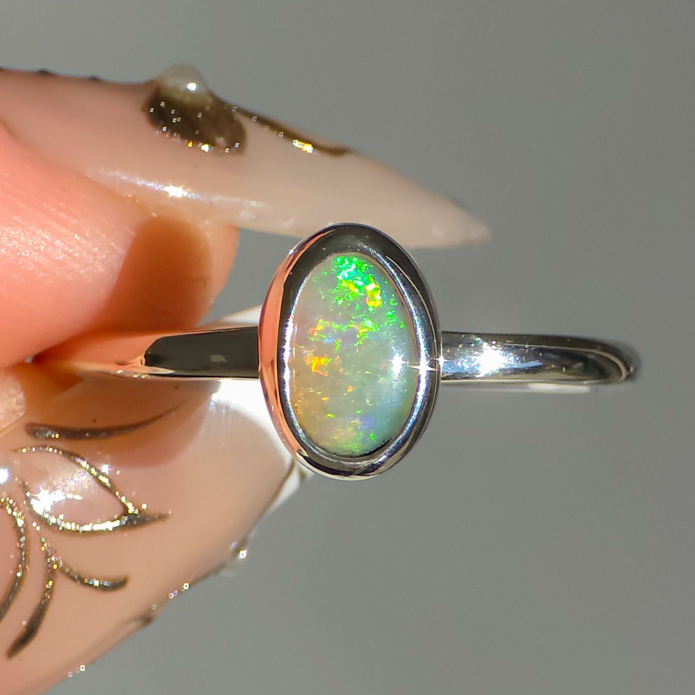 KAIROS |  Solid Australian Opal Ring, Dainty Coober Pedy Opal, 925 Silver, 0.85 Carats