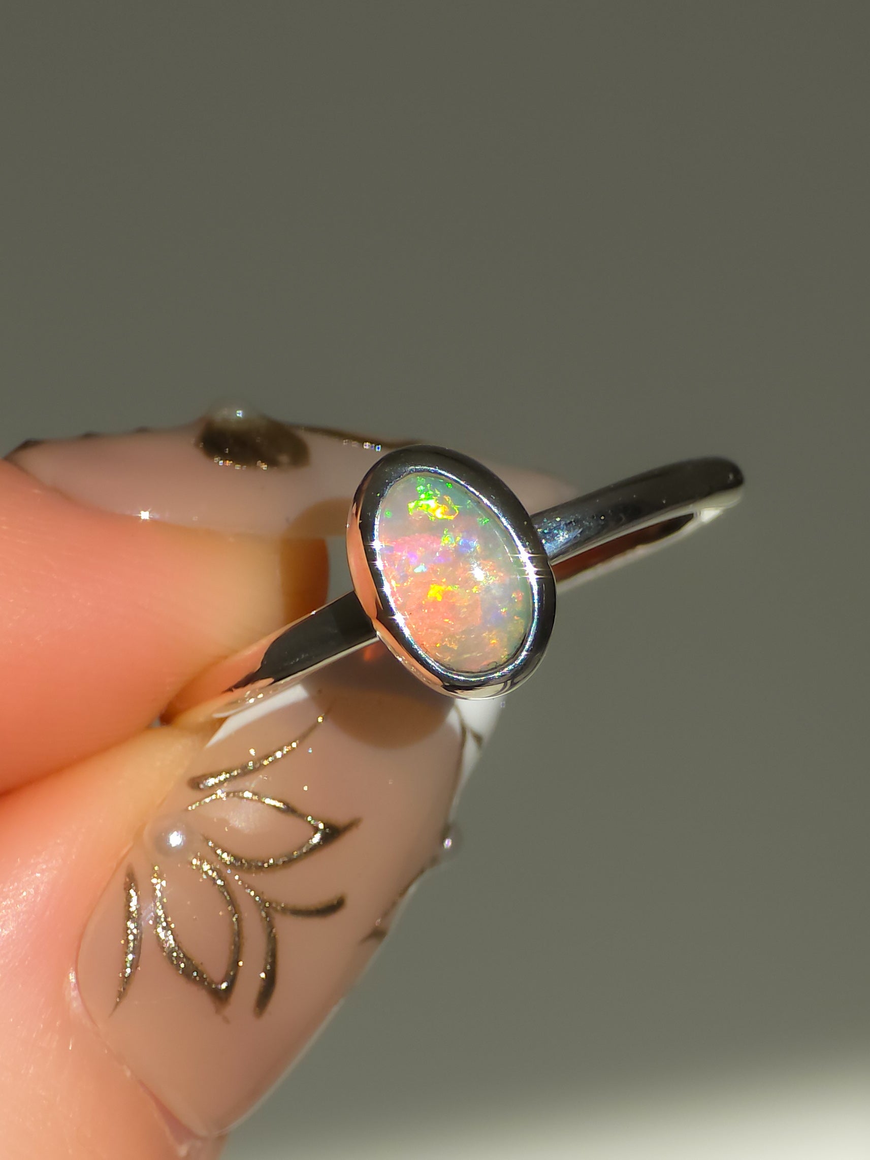 KAIROS |  Solid Australian Opal Ring, Dainty Coober Pedy Opal, 925 Silver, 0.85 Carats