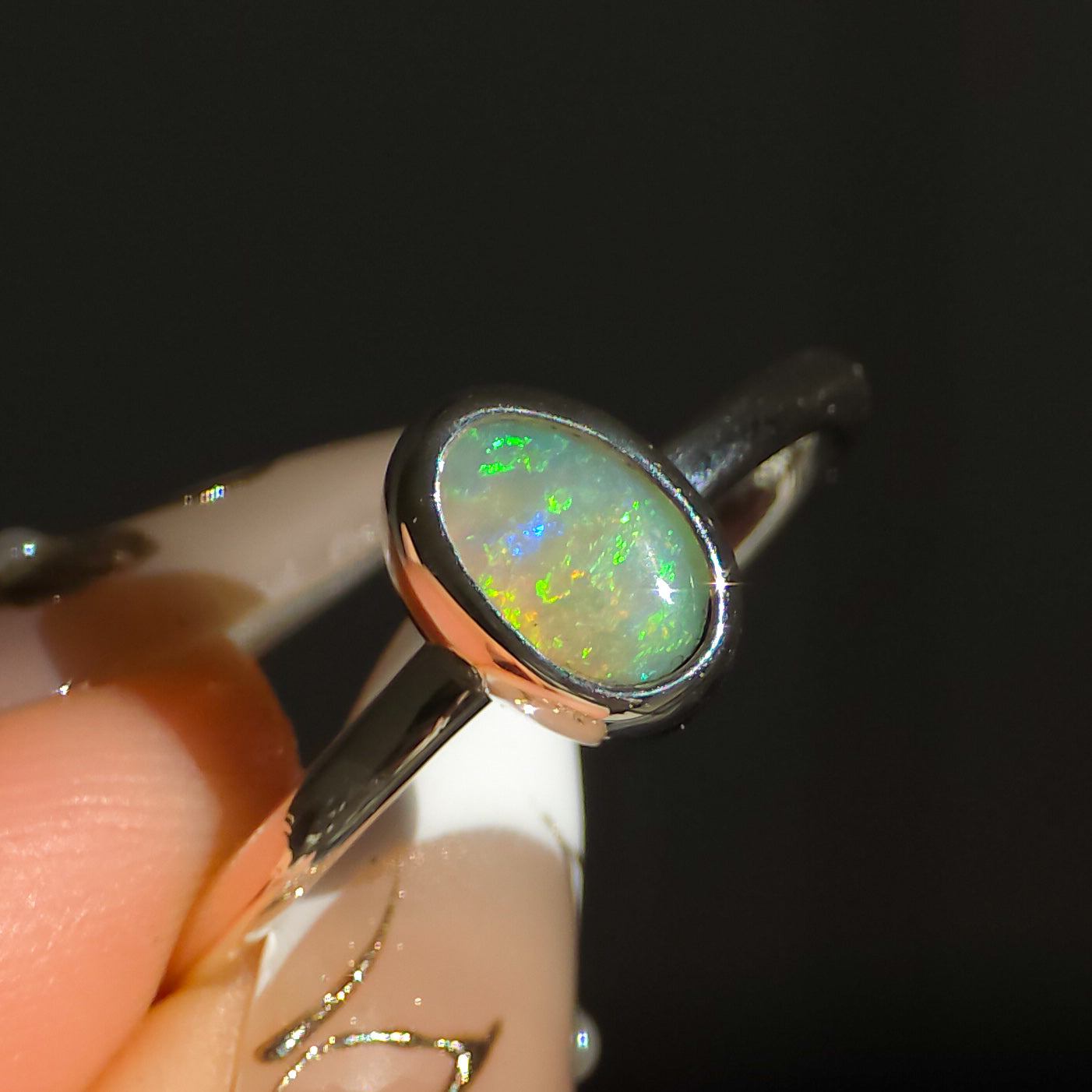 KAIROS |  Solid Australian Opal Ring, Dainty Coober Pedy Opal, 925 Silver, 0.85 Carats