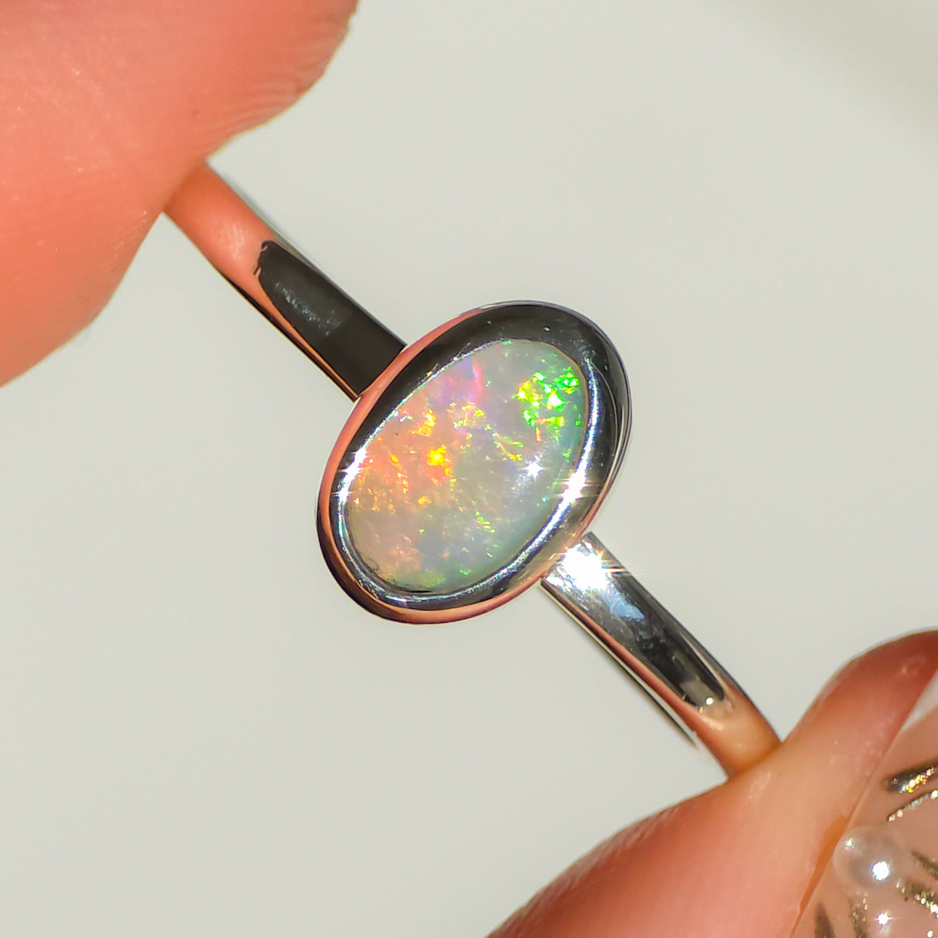 KAIROS |  Solid Australian Opal Ring, Dainty Coober Pedy Opal, 925 Silver, 0.85 Carats