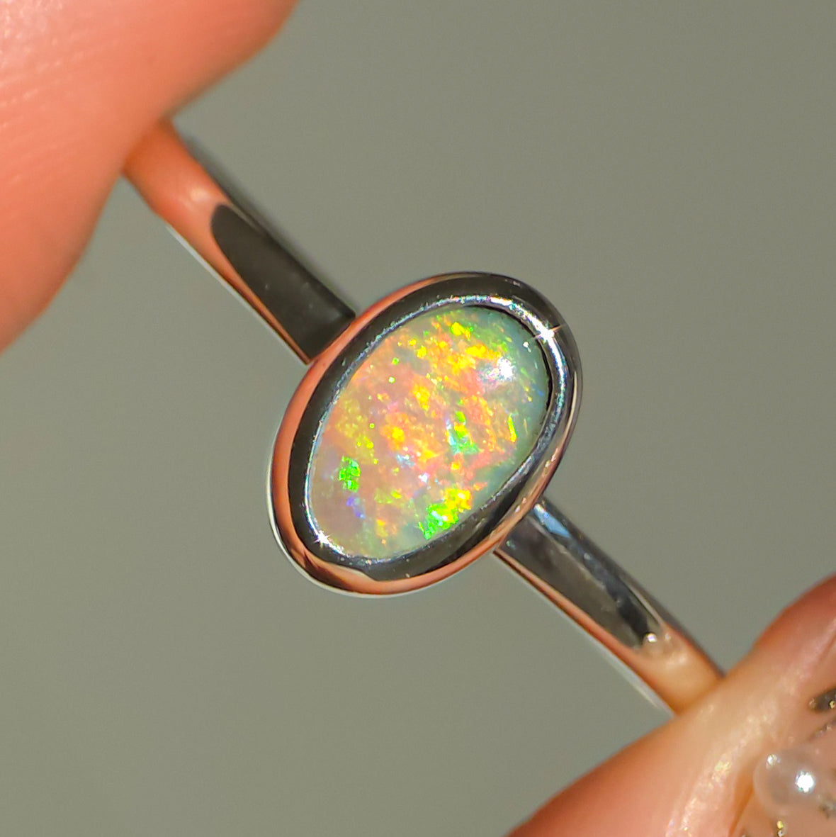 KAIROS |  Solid Australian Opal Ring, Dainty Coober Pedy Opal, 925 Silver, 0.85 Carats