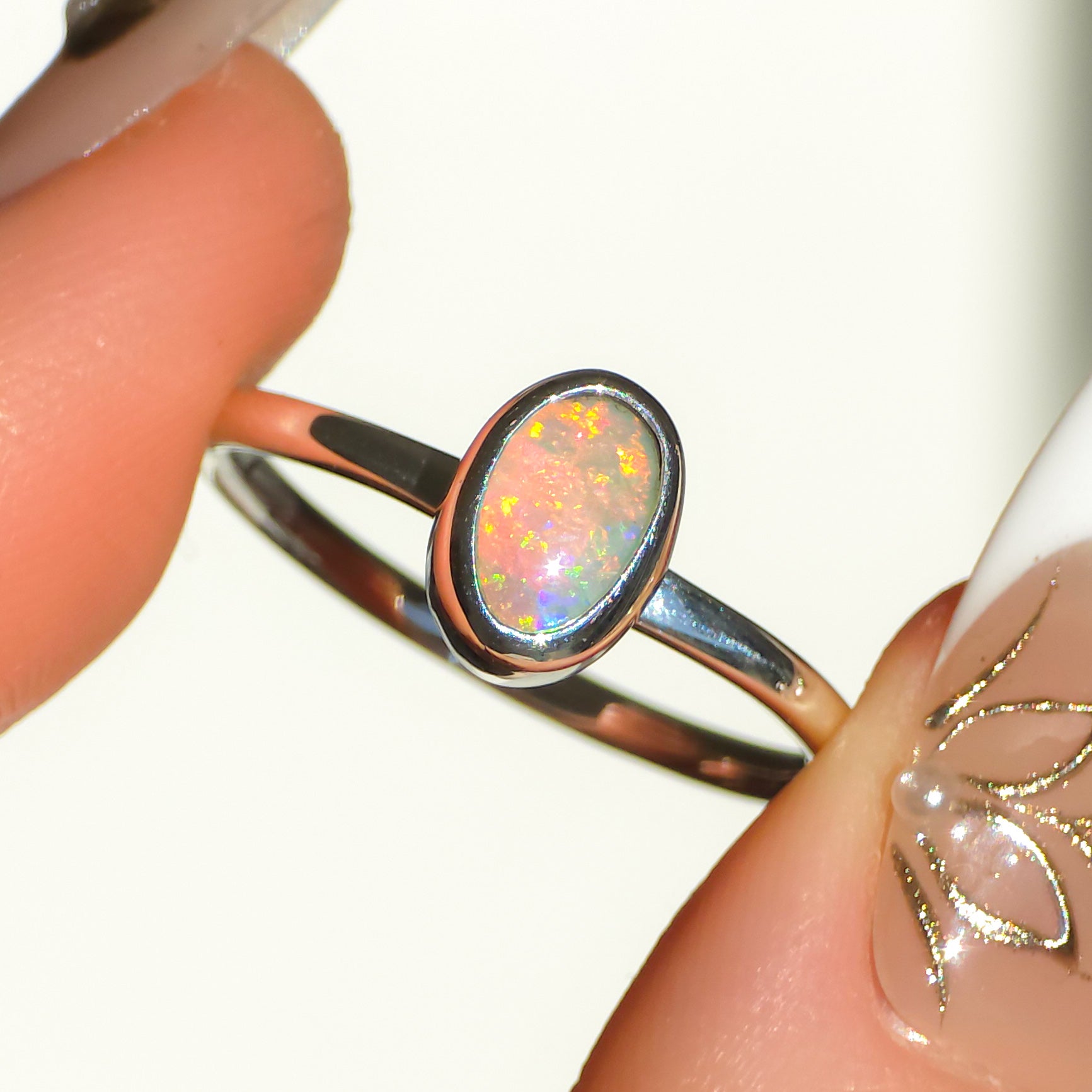 KAIROS |  Solid Australian Opal Ring, Dainty Coober Pedy Opal, 925 Silver, 0.85 Carats
