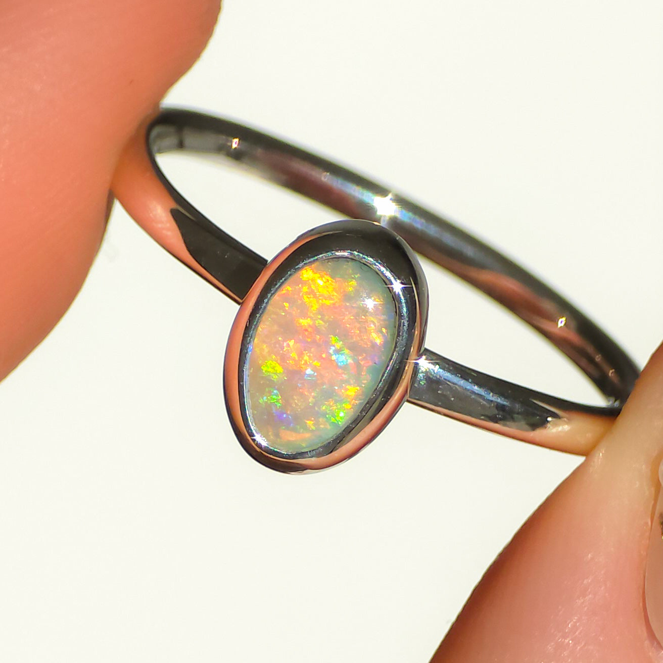 KAIROS |  Solid Australian Opal Ring, Dainty Coober Pedy Opal, 925 Silver, 0.85 Carats