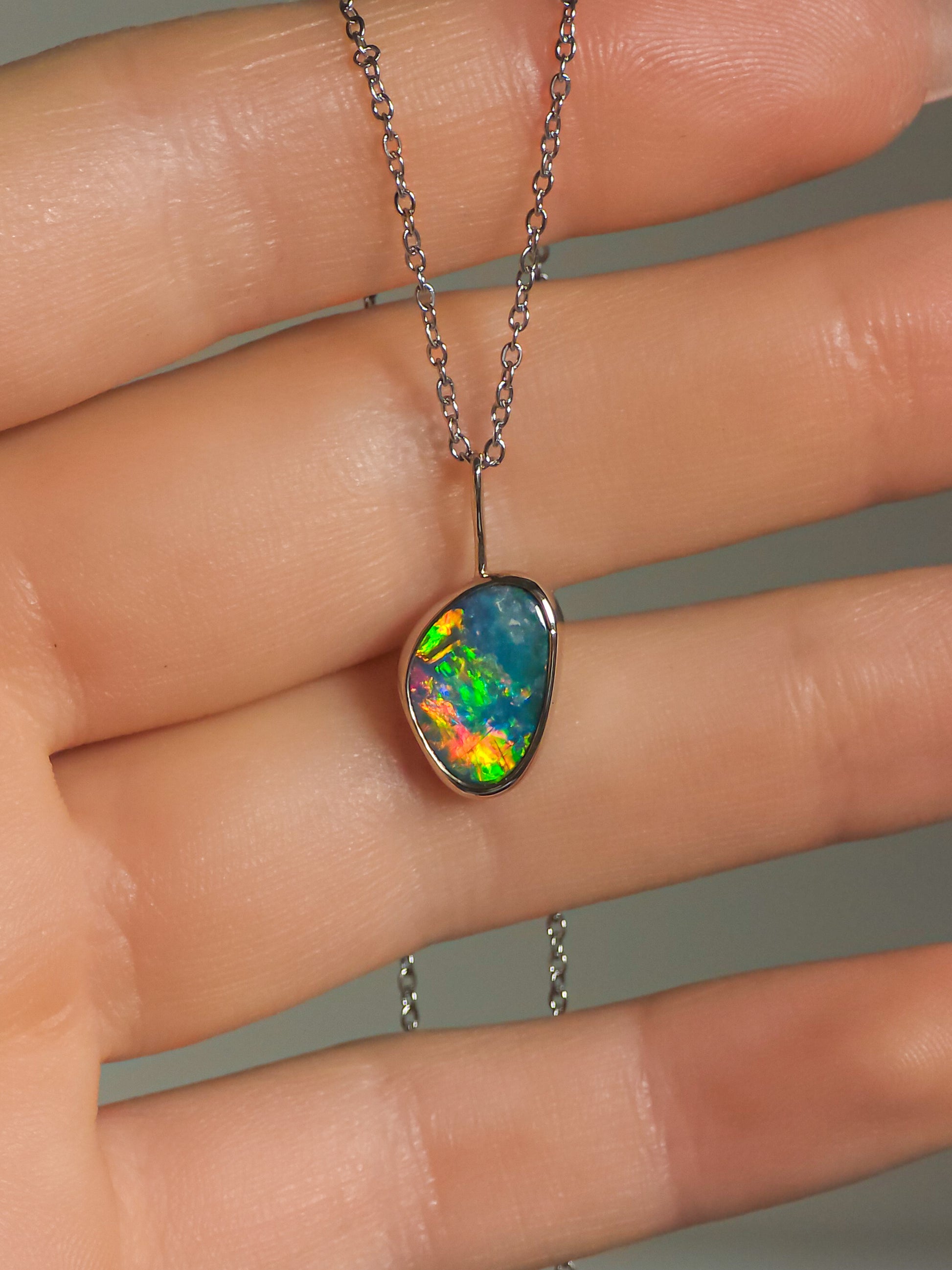 NEON | 14K White Gold Australian Opal Pendant / Coober Pedy Opal Doublet