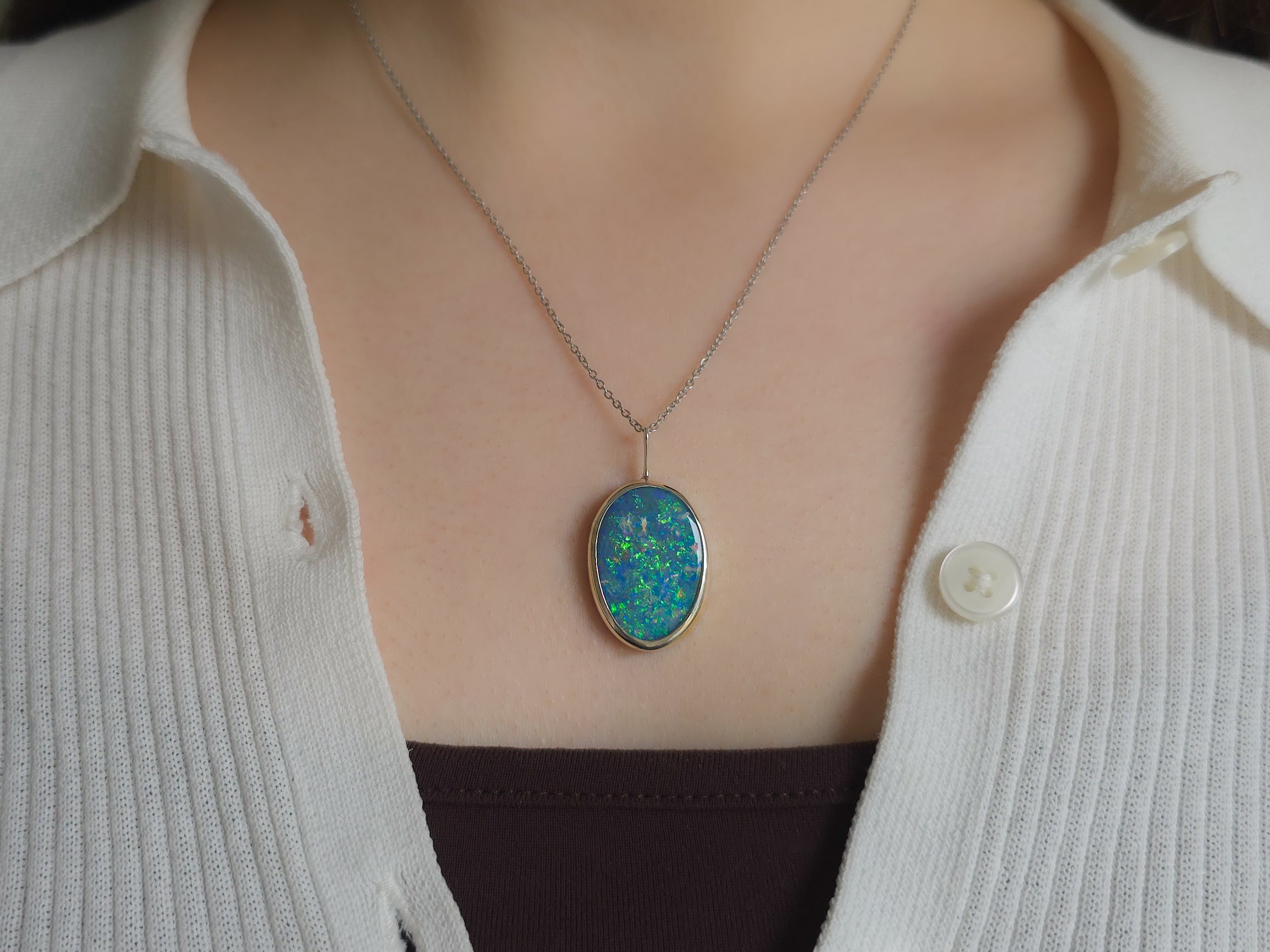 SOFIA | Coober Pedy Opal Doublet Pendant, Australian Opal Statement Necklace, 925 Silver
