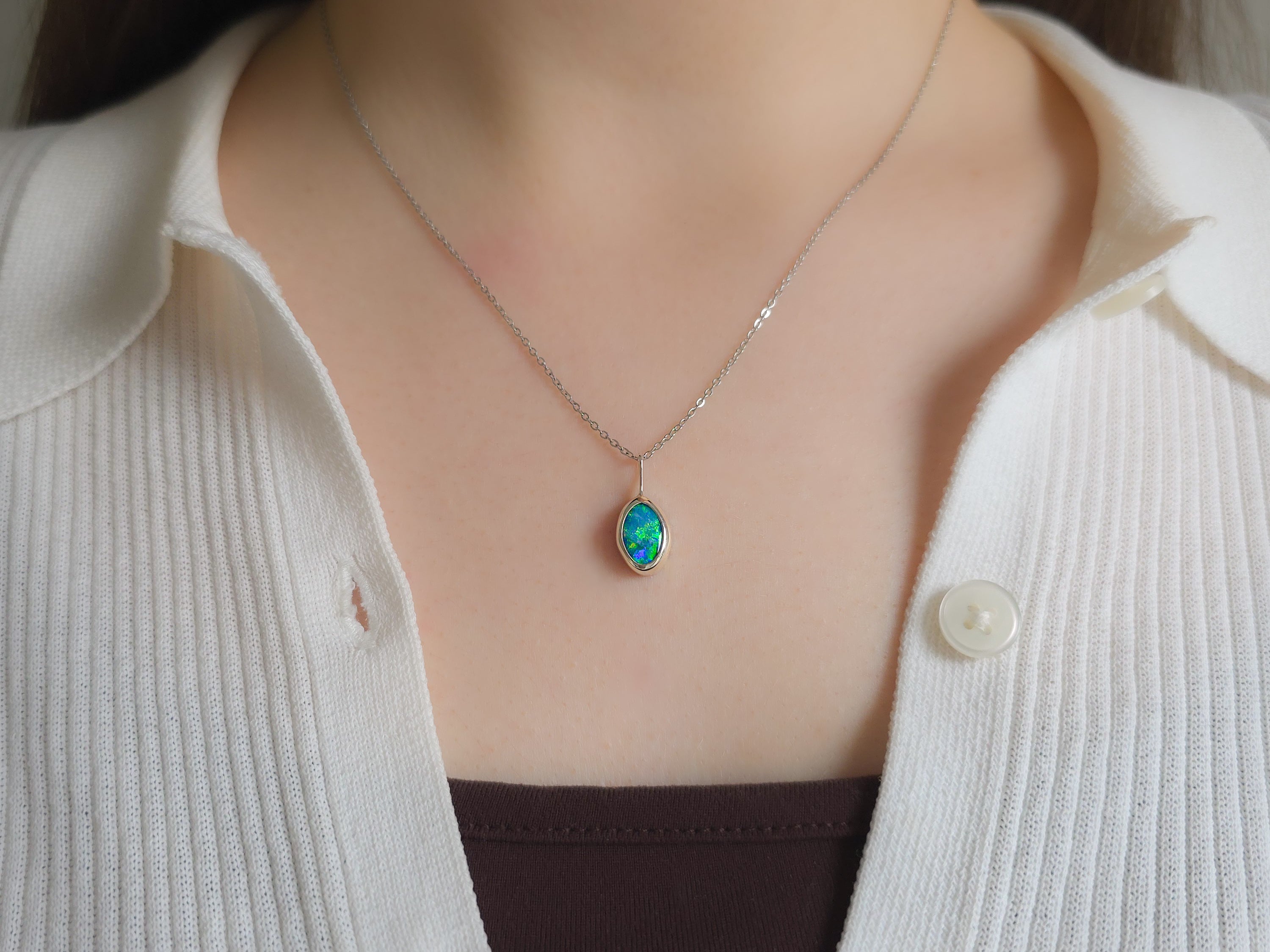 AQUA | Coober Pedy Opal Doublet Pendant, Australian Opal Necklace, 925 Silver