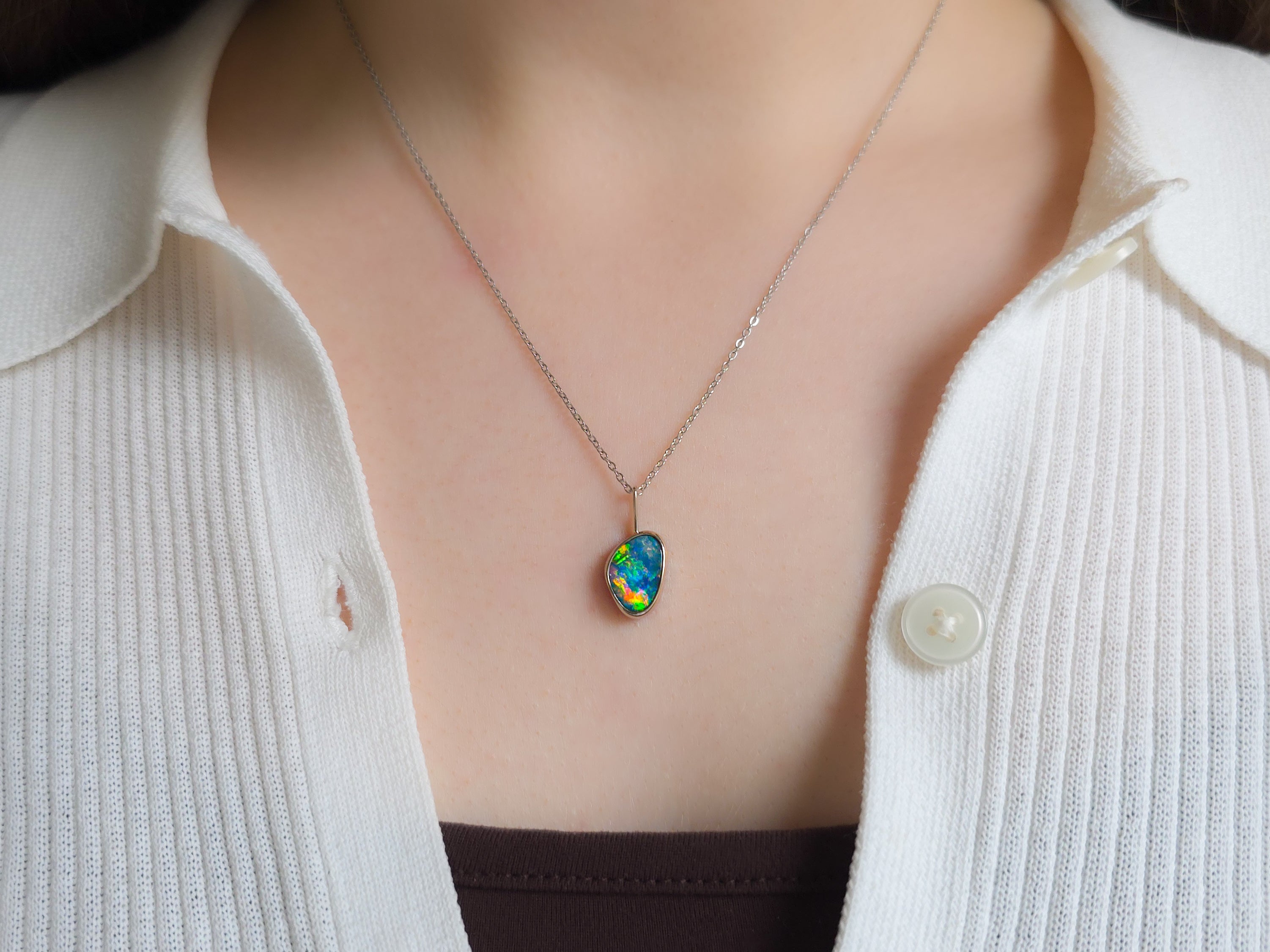 NEON | 14K White Gold Australian Opal Pendant / Coober Pedy Opal Doublet