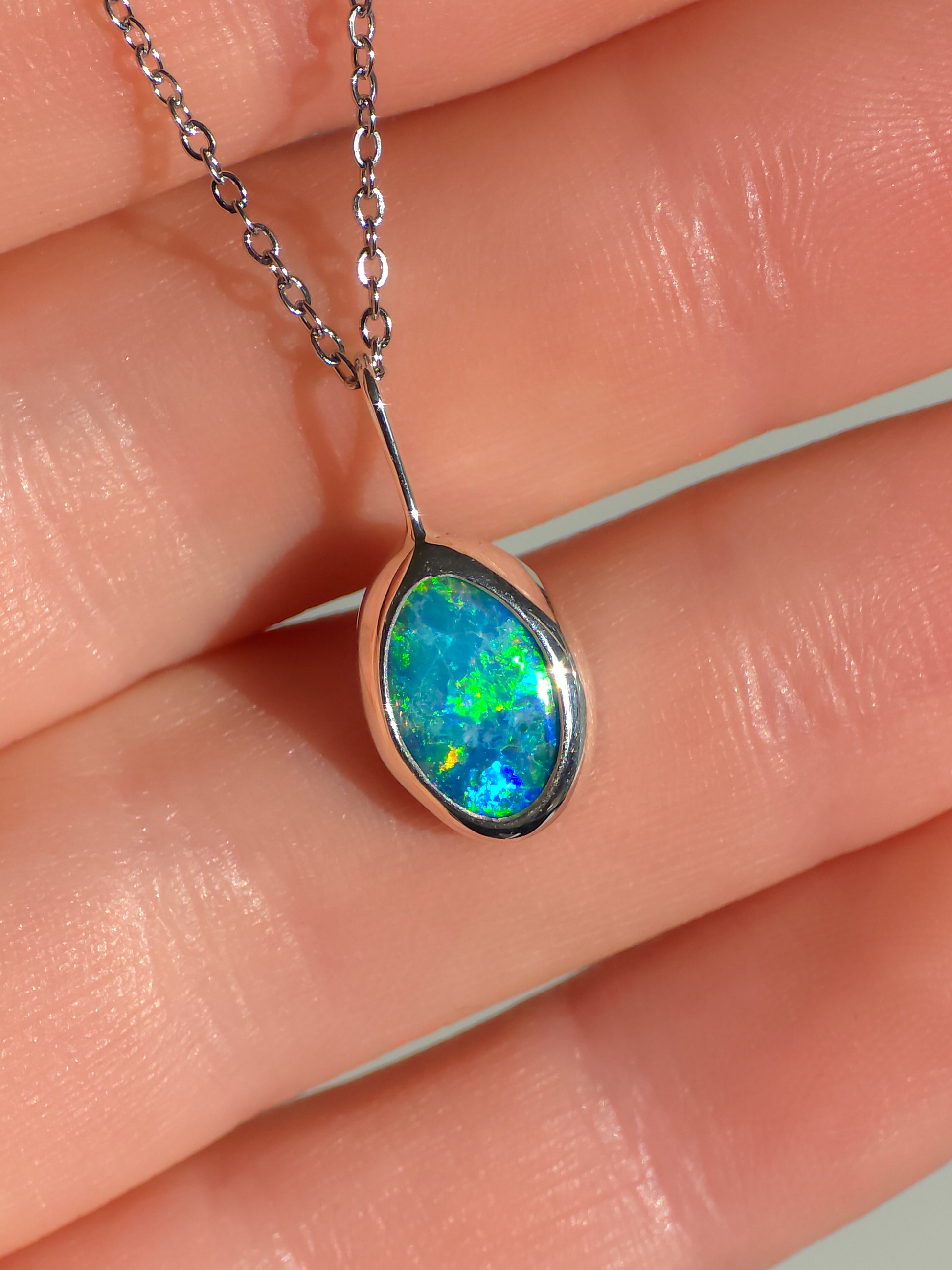 AQUA | Coober Pedy Opal Doublet Pendant, Australian Opal Necklace, 925 Silver