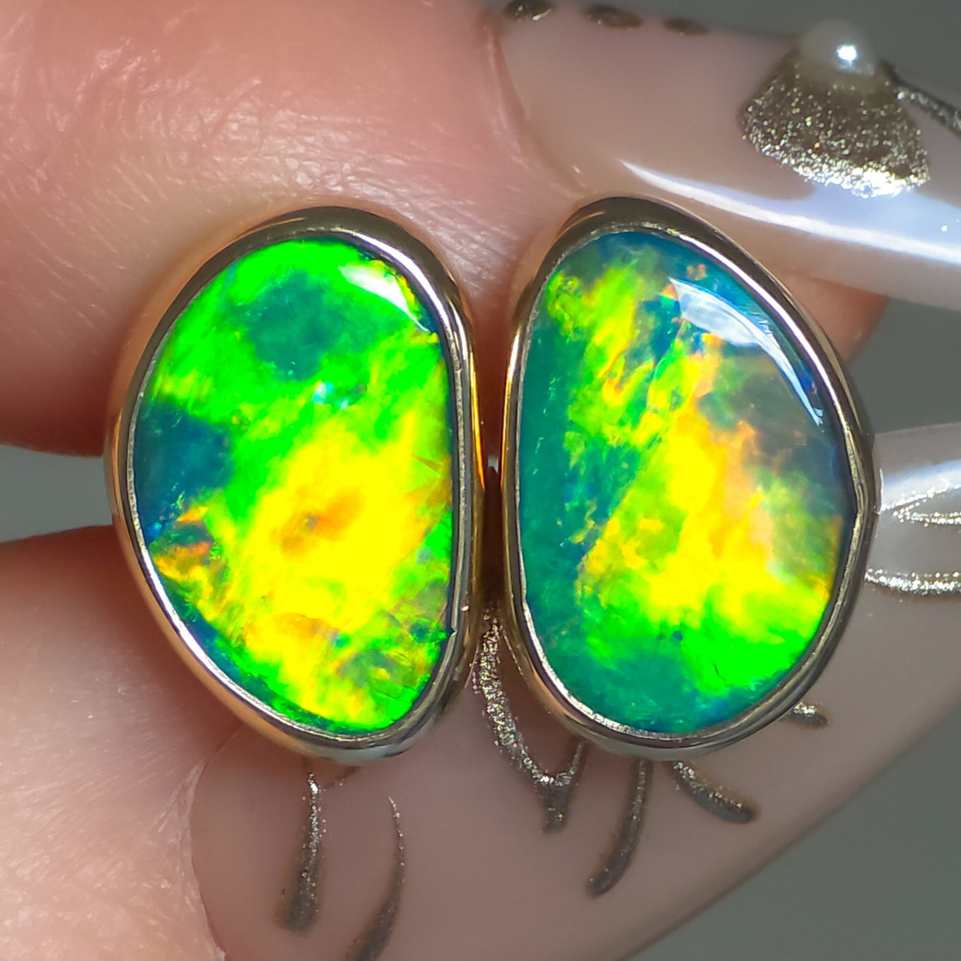 SUN FLASH | 14K Gold Australian Opal Stud Earrings, Coober Pedy Opal Doublet, Threaded Butterfly Posts