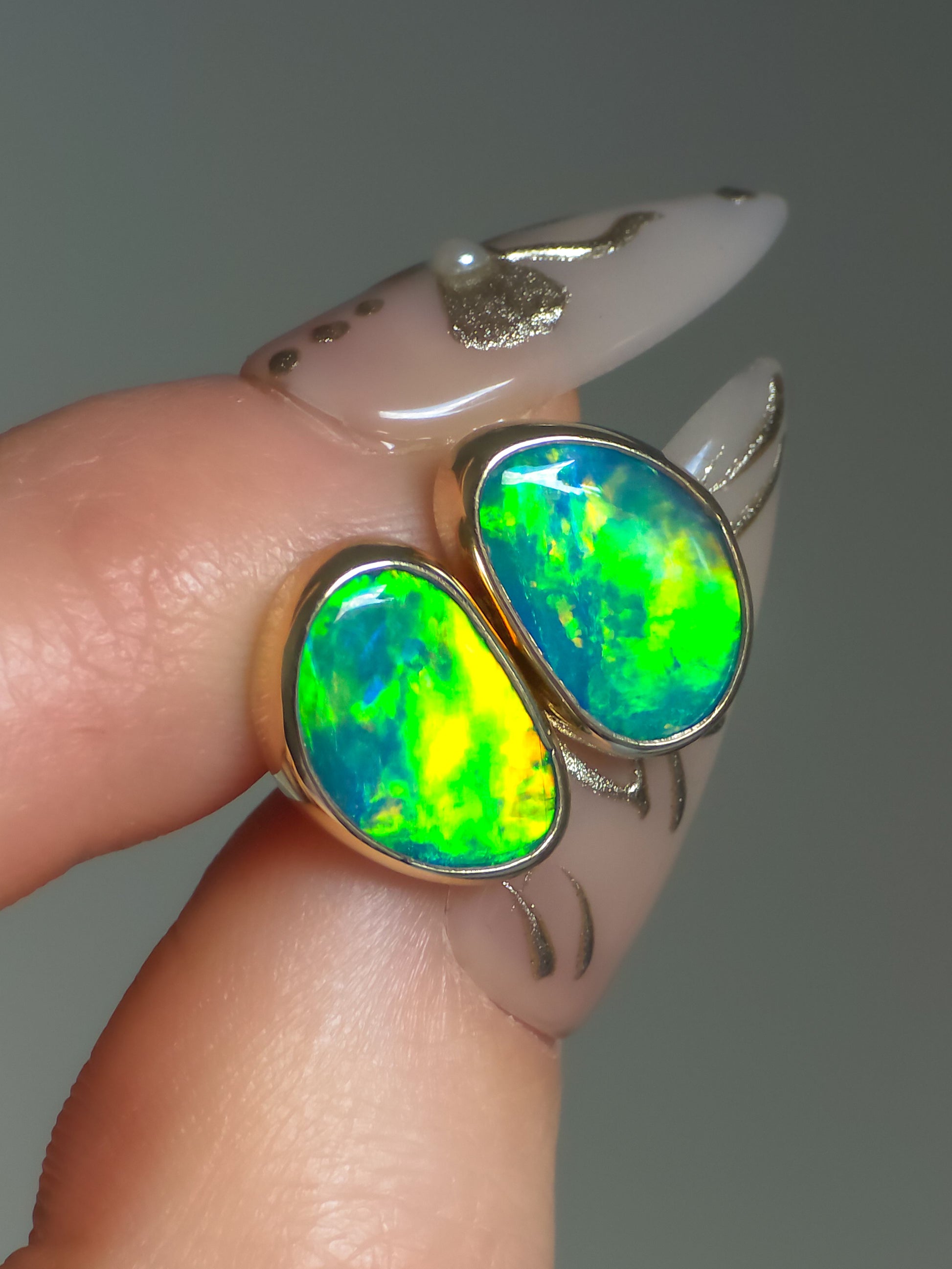 SUN FLASH | 14K Gold Australian Opal Stud Earrings, Coober Pedy Opal Doublet, Threaded Butterfly Posts