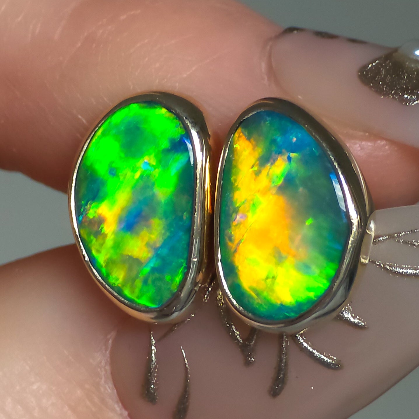 SUN FLASH | 14K Gold Australian Opal Stud Earrings, Coober Pedy Opal Doublet, Threaded Butterfly Posts