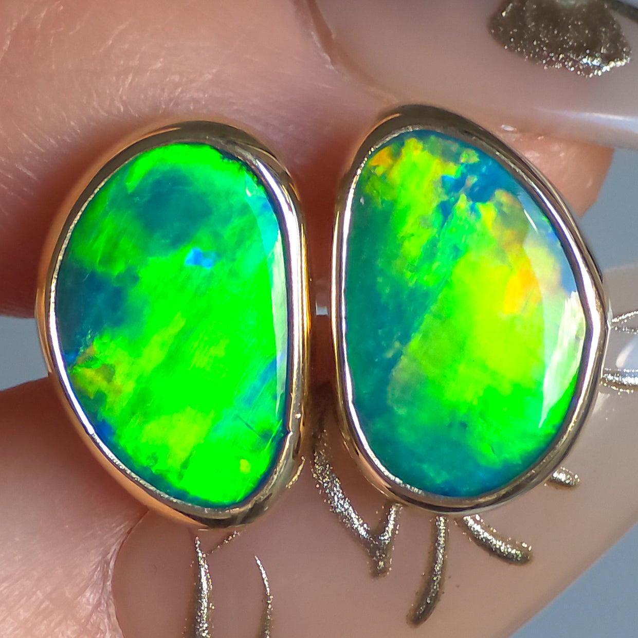 SUN FLASH | 14K Gold Australian Opal Stud Earrings, Coober Pedy Opal Doublet, Threaded Butterfly Posts