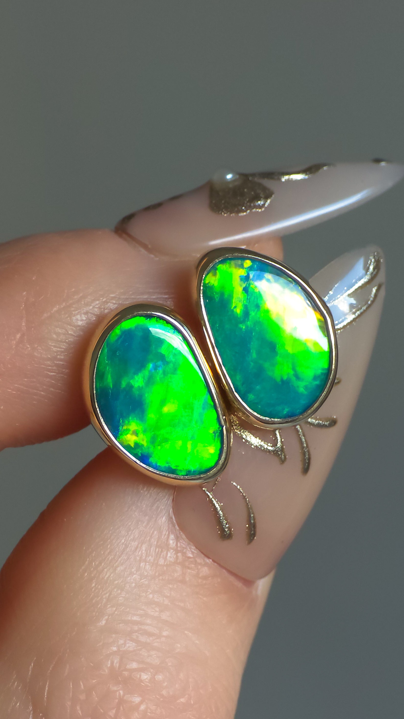 SUN FLASH | 14K Gold Australian Opal Stud Earrings, Coober Pedy Opal Doublet, Threaded Butterfly Posts