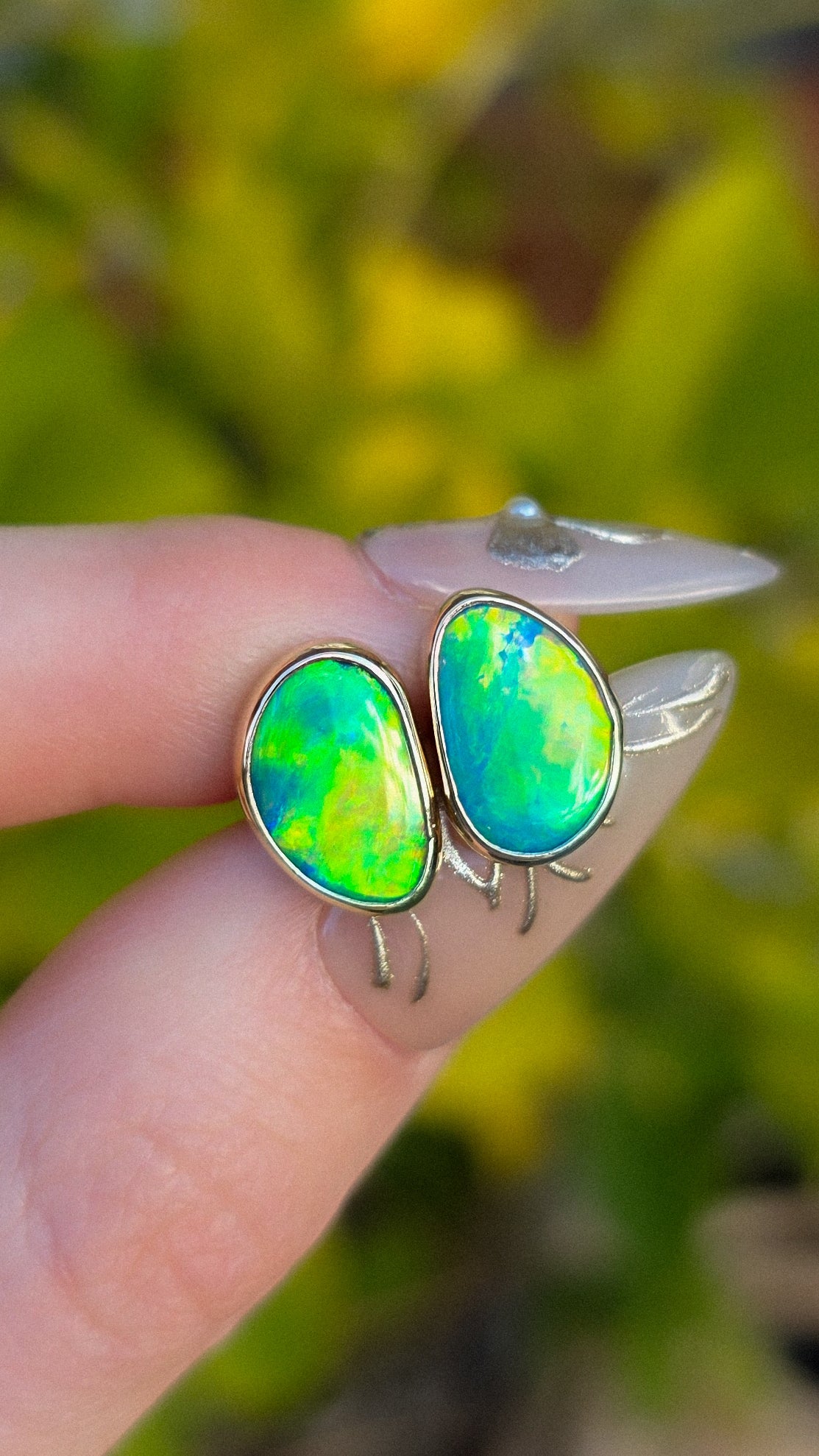 SUN FLASH | 14K Gold Australian Opal Stud Earrings, Coober Pedy Opal Doublet, Threaded Butterfly Posts