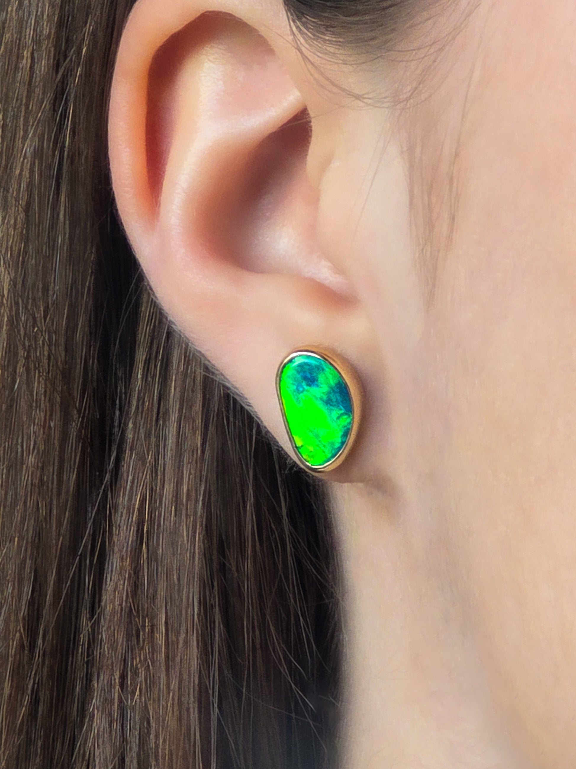 SUN FLASH | 14K Gold Australian Opal Stud Earrings, Coober Pedy Opal Doublet, Threaded Butterfly Posts