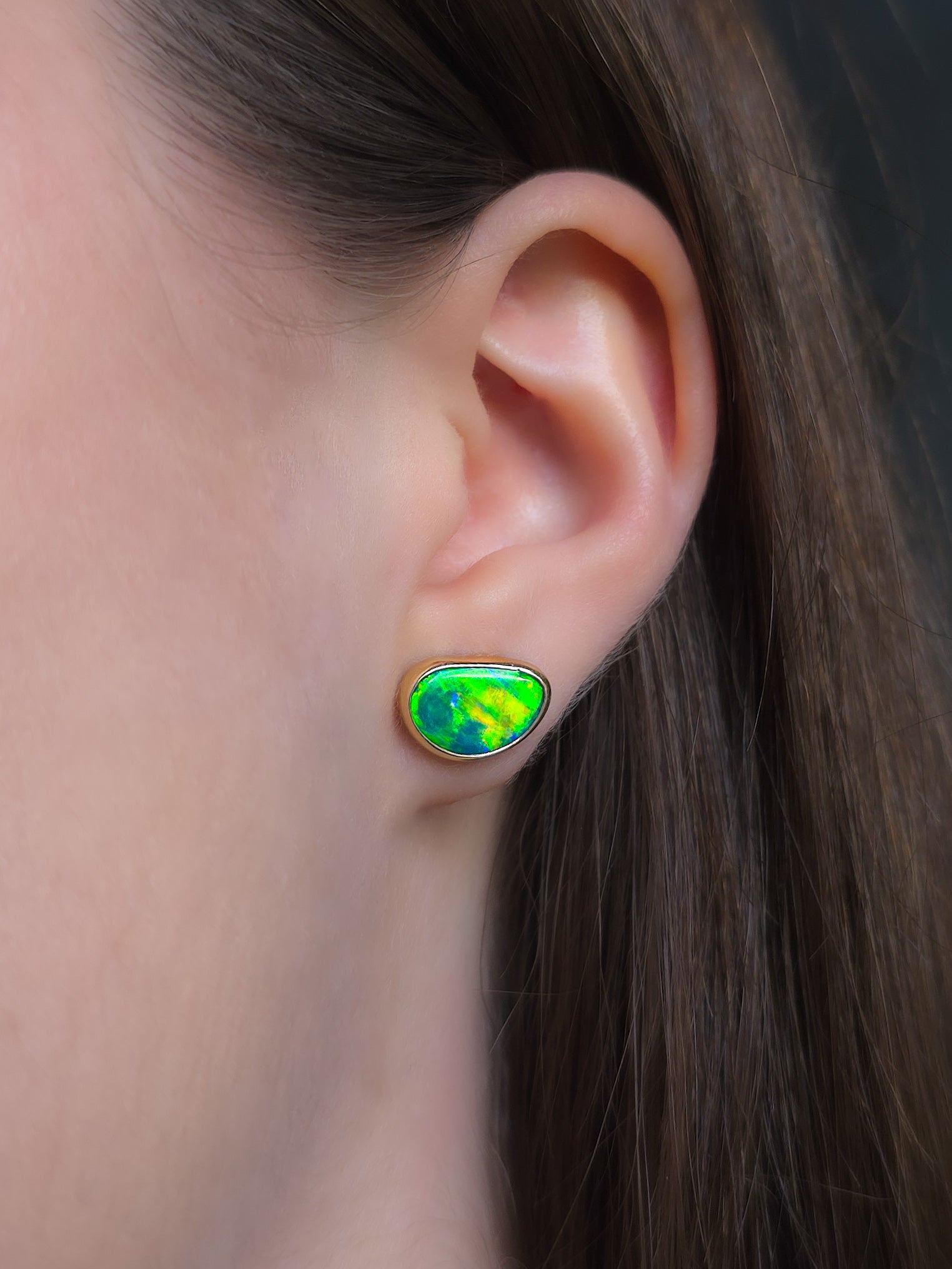 SUN FLASH | 14K Gold Australian Opal Stud Earrings, Coober Pedy Opal Doublet, Threaded Butterfly Posts