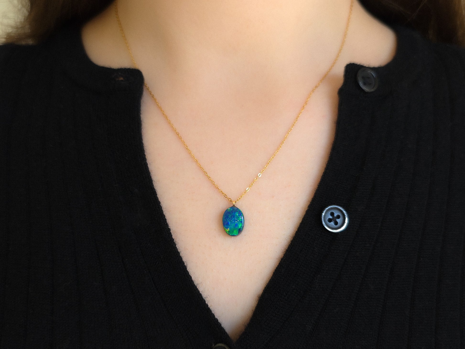 VIRESCENT | 14K Gold Australian Opal Pendant, Coober Pedy Opal Doublet Necklace