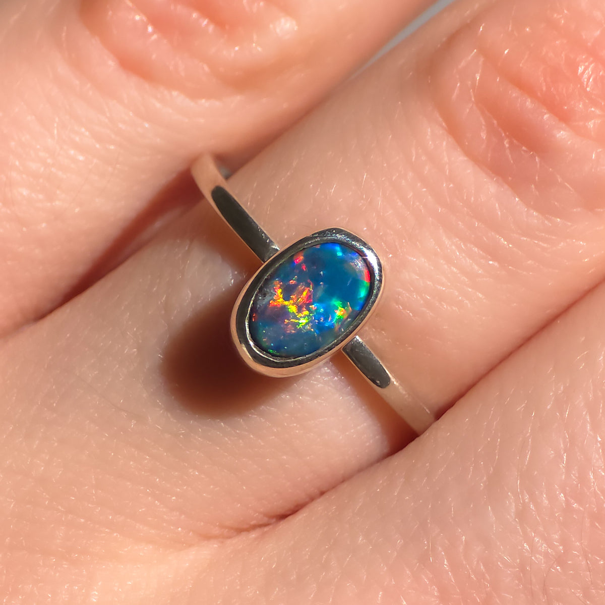 HÁLA | Australian Opal Doublet Ring, Coober Pedy Opal, 925 Silver, Dainty Ring