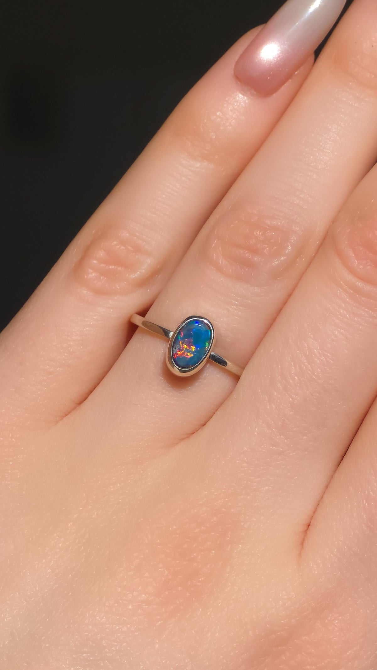 HÁLA | Australian Opal Doublet Ring, Coober Pedy Opal, 925 Silver, Dainty Ring