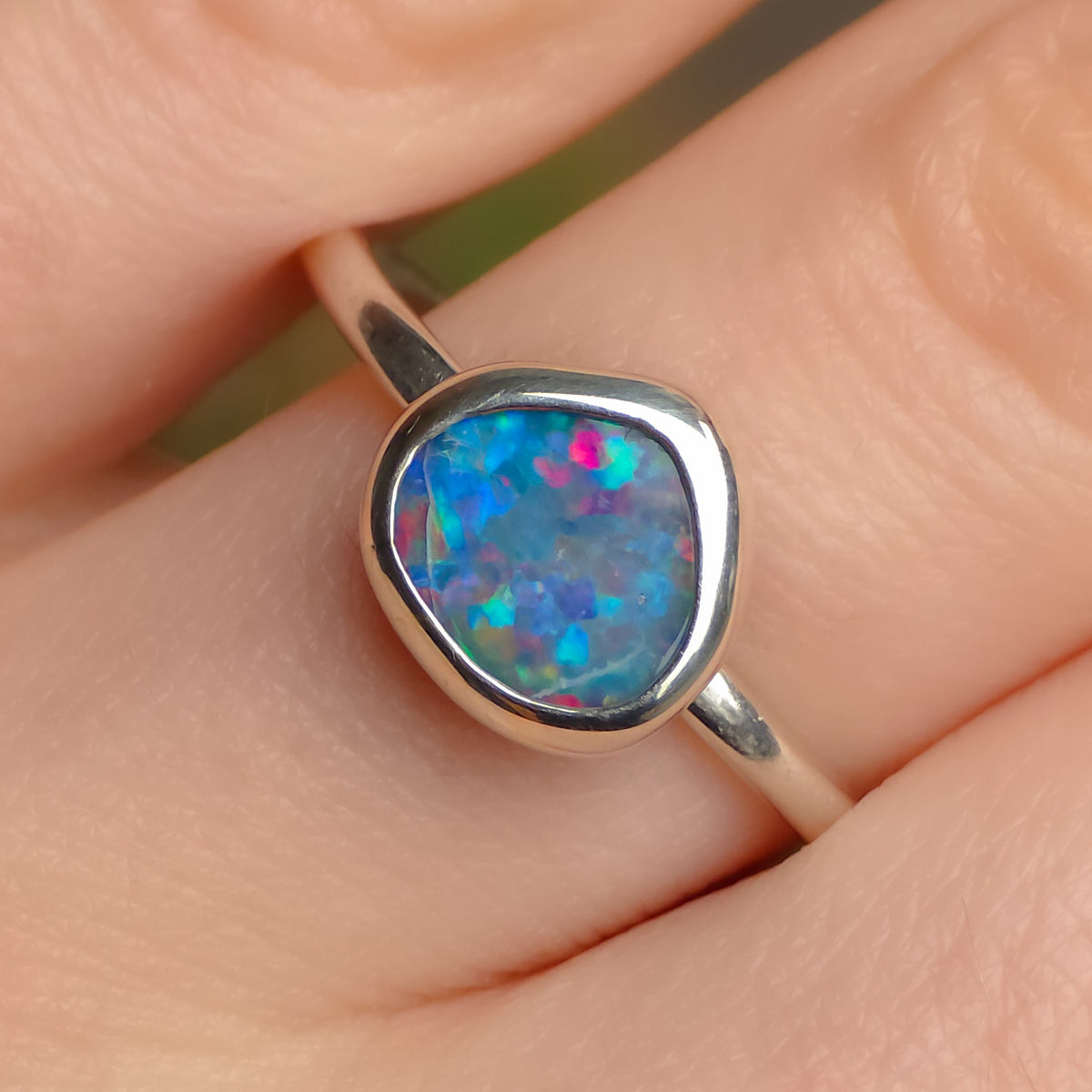 NOCTURNE | Handmade Australian Opal Doublet Ring, 925 Silver, Coober Pedy Opal (Free Resizing)