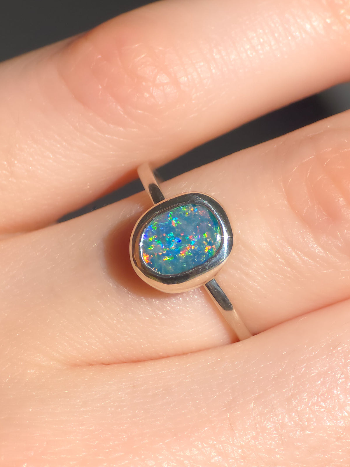BRILLARE | Australian Opal Doublet Ring, Coober Pedy Opal, 925 Silver, Dainty Ring