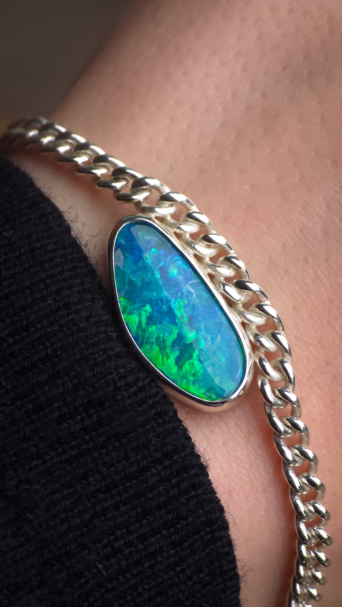 CORA | Coober Pedy Opal Doublet Bracelet, Silver Australian Opal Bracelet, Thick Curb Chain