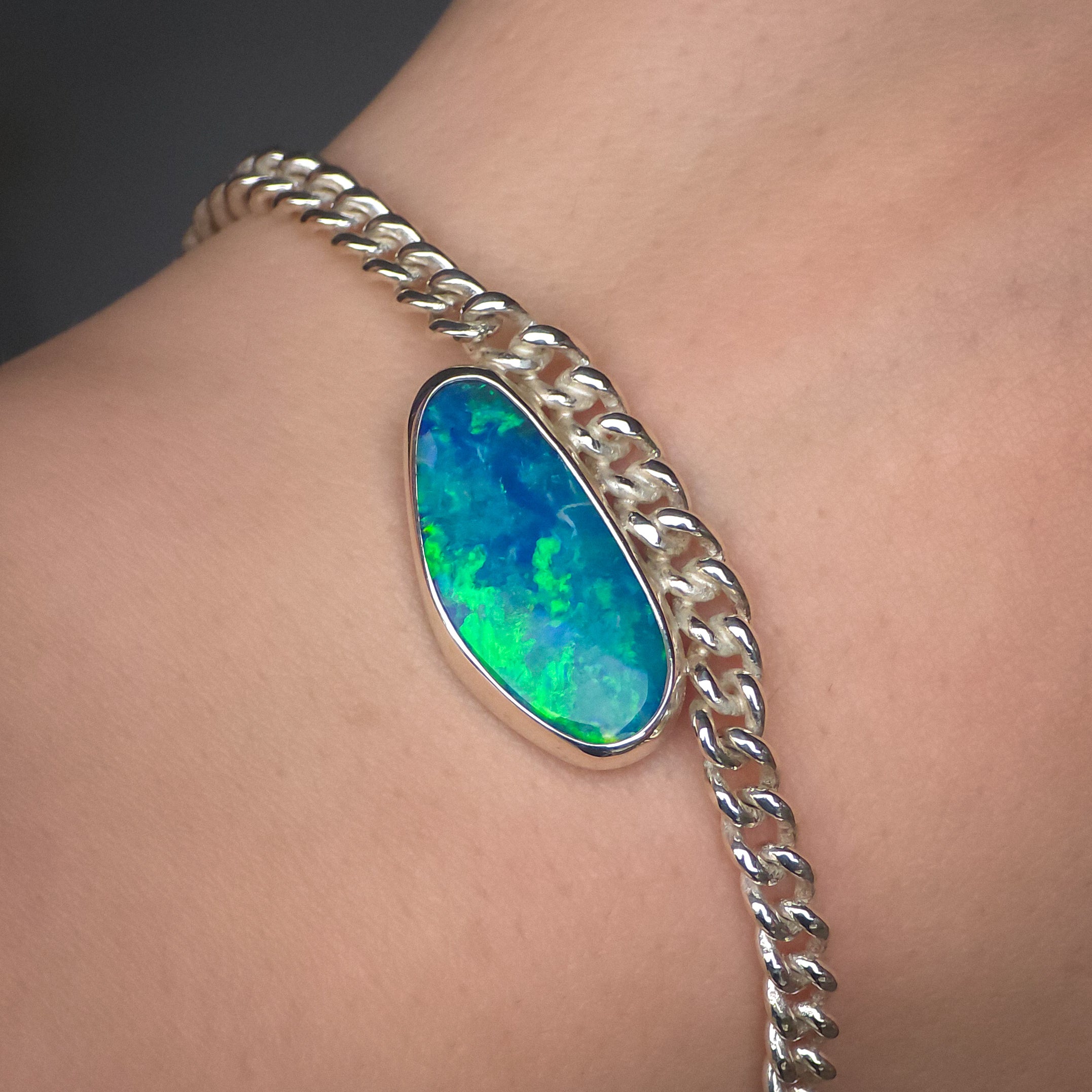 CORA | Coober Pedy Opal Doublet Bracelet, Silver Australian Opal Bracelet, Thick Curb Chain