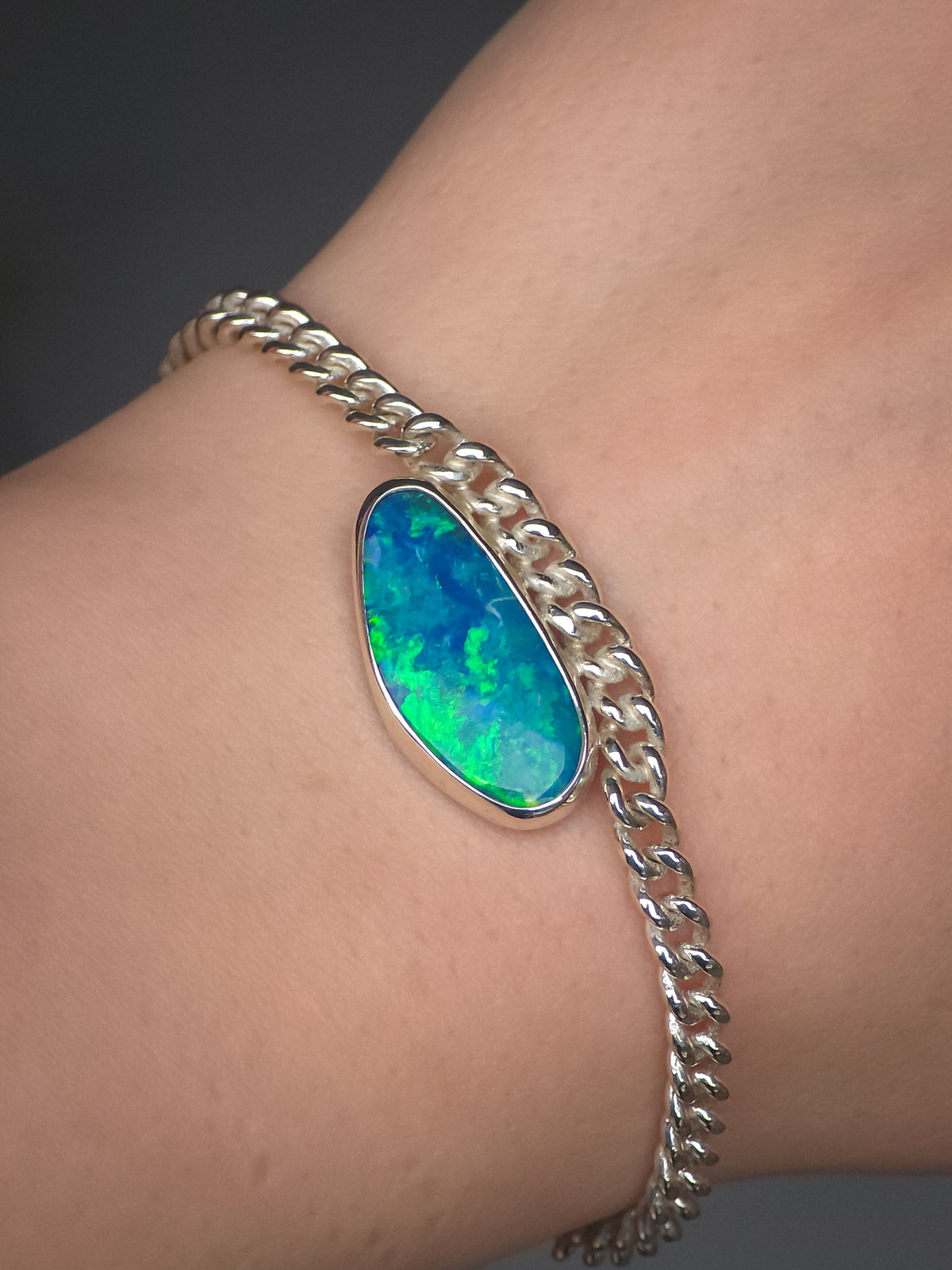 CORA | Coober Pedy Opal Doublet Bracelet, Silver Australian Opal Bracelet, Thick Curb Chain