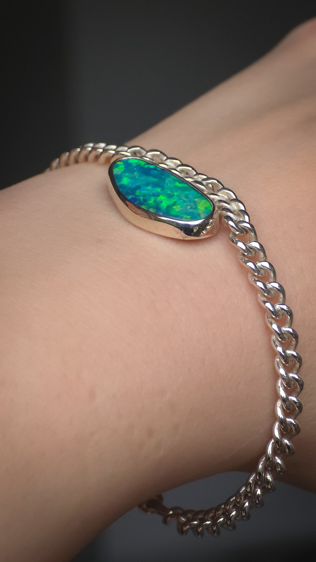 CORA | Coober Pedy Opal Doublet Bracelet, Silver Australian Opal Bracelet, Thick Curb Chain