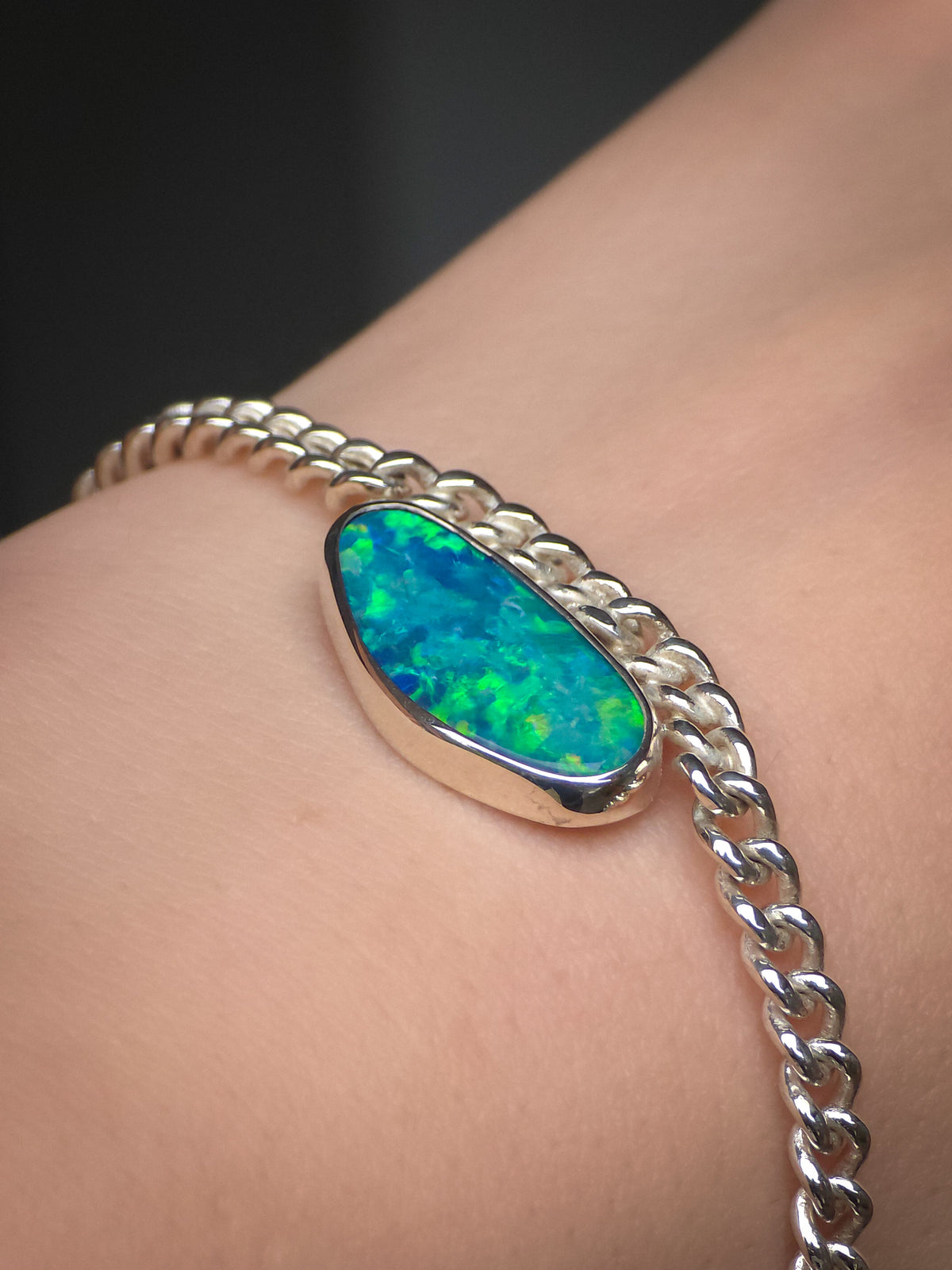 CORA | Coober Pedy Opal Doublet Bracelet, Silver Australian Opal Bracelet, Thick Curb Chain