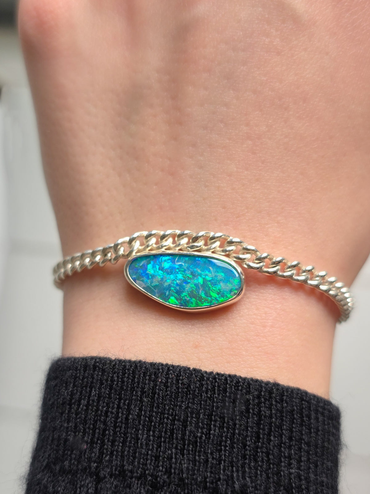 CORA | Coober Pedy Opal Doublet Bracelet, Silver Australian Opal Bracelet, Thick Curb Chain