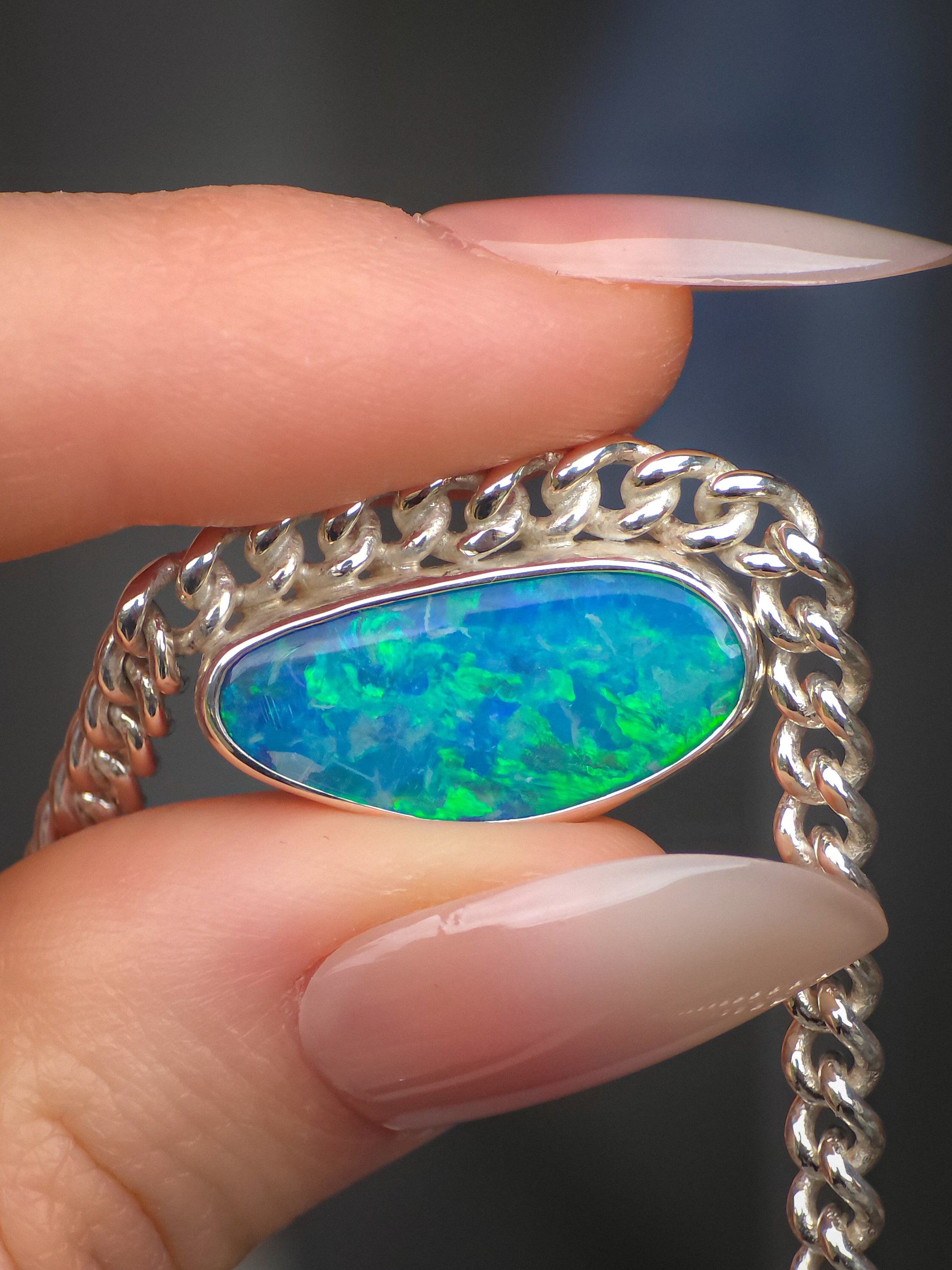 CORA | Coober Pedy Opal Doublet Bracelet, Silver Australian Opal Bracelet, Thick Curb Chain