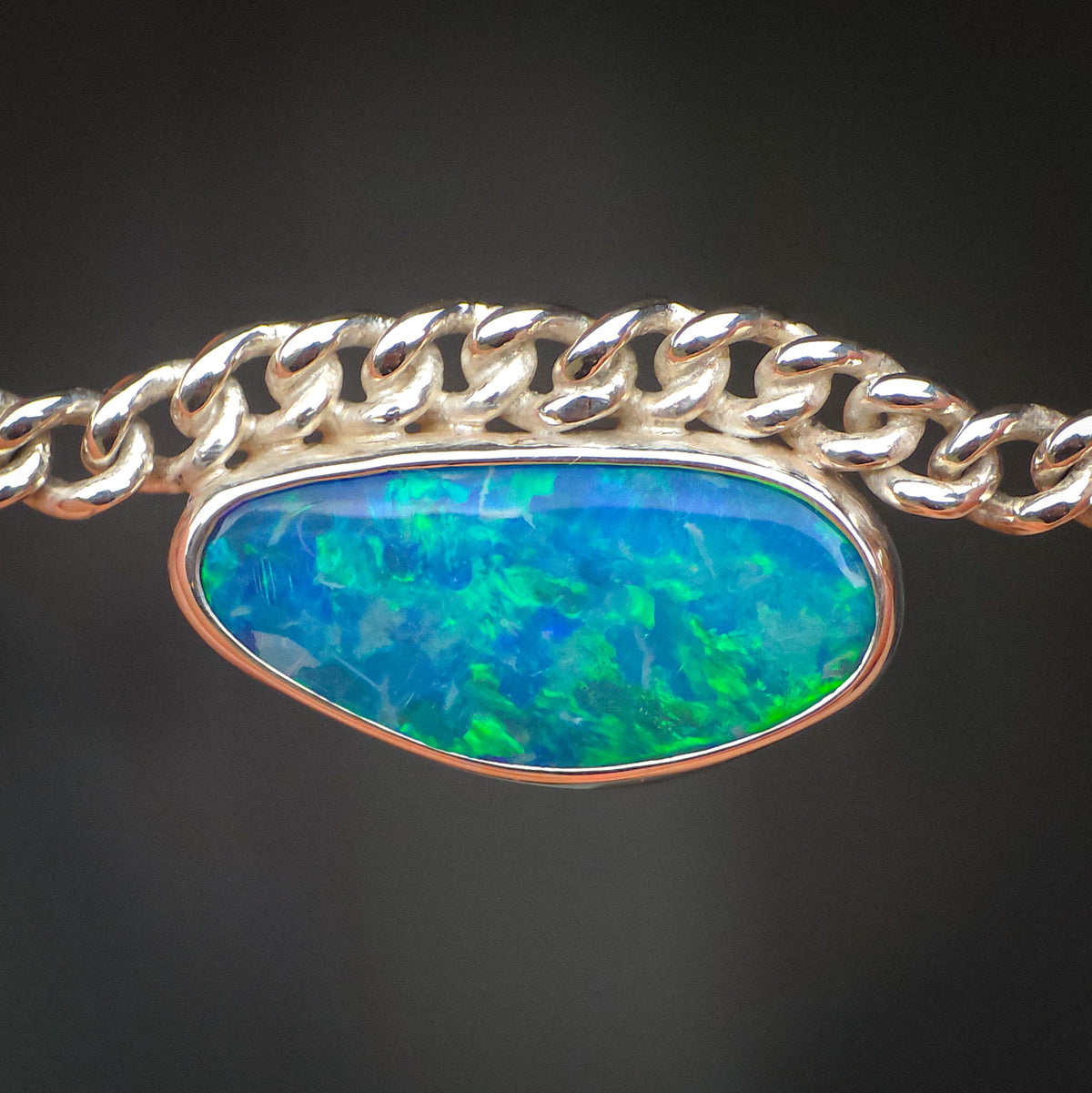 CORA | Coober Pedy Opal Doublet Bracelet, Silver Australian Opal Bracelet, Thick Curb Chain
