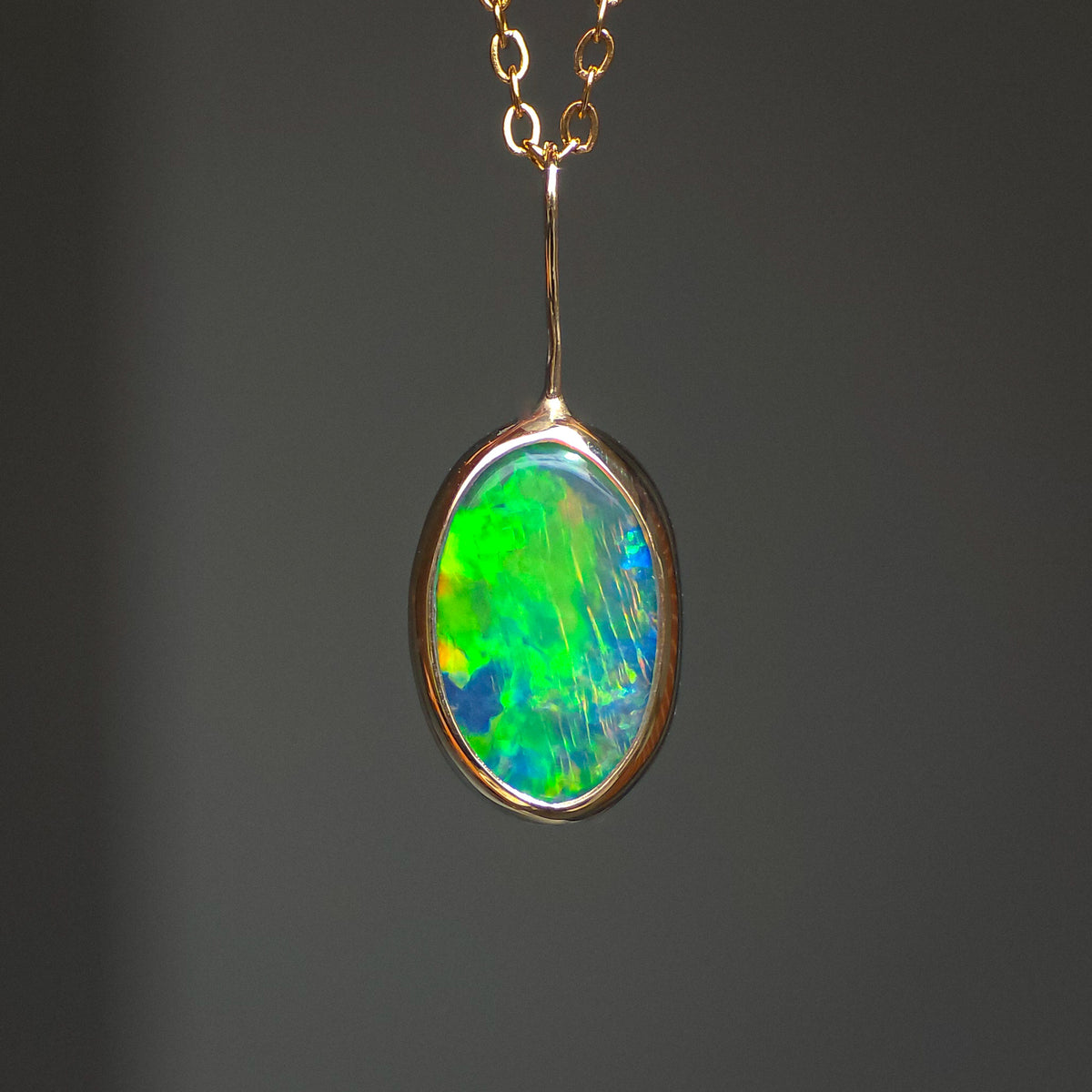 AURELIA | 14K Gold Coober Pedy Opal Doublet Pendant, Electric Green Australian Opal Necklace