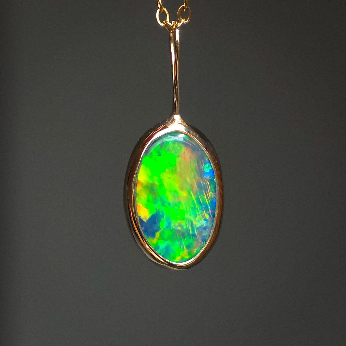 AURELIA | 14K Gold Coober Pedy Opal Doublet Pendant, Electric Green Australian Opal Necklace