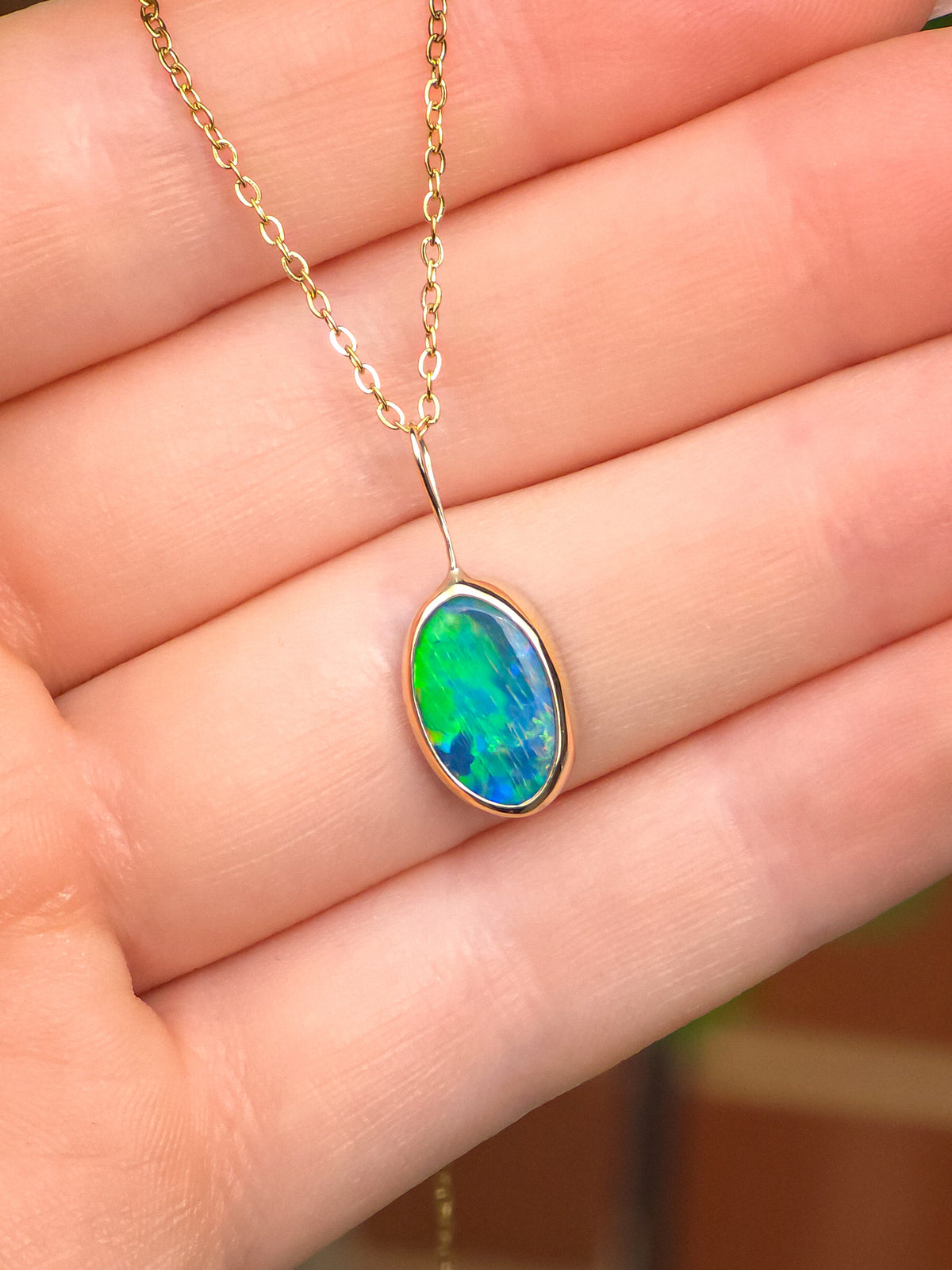 AURELIA | 14K Gold Coober Pedy Opal Doublet Pendant, Electric Green Australian Opal Necklace