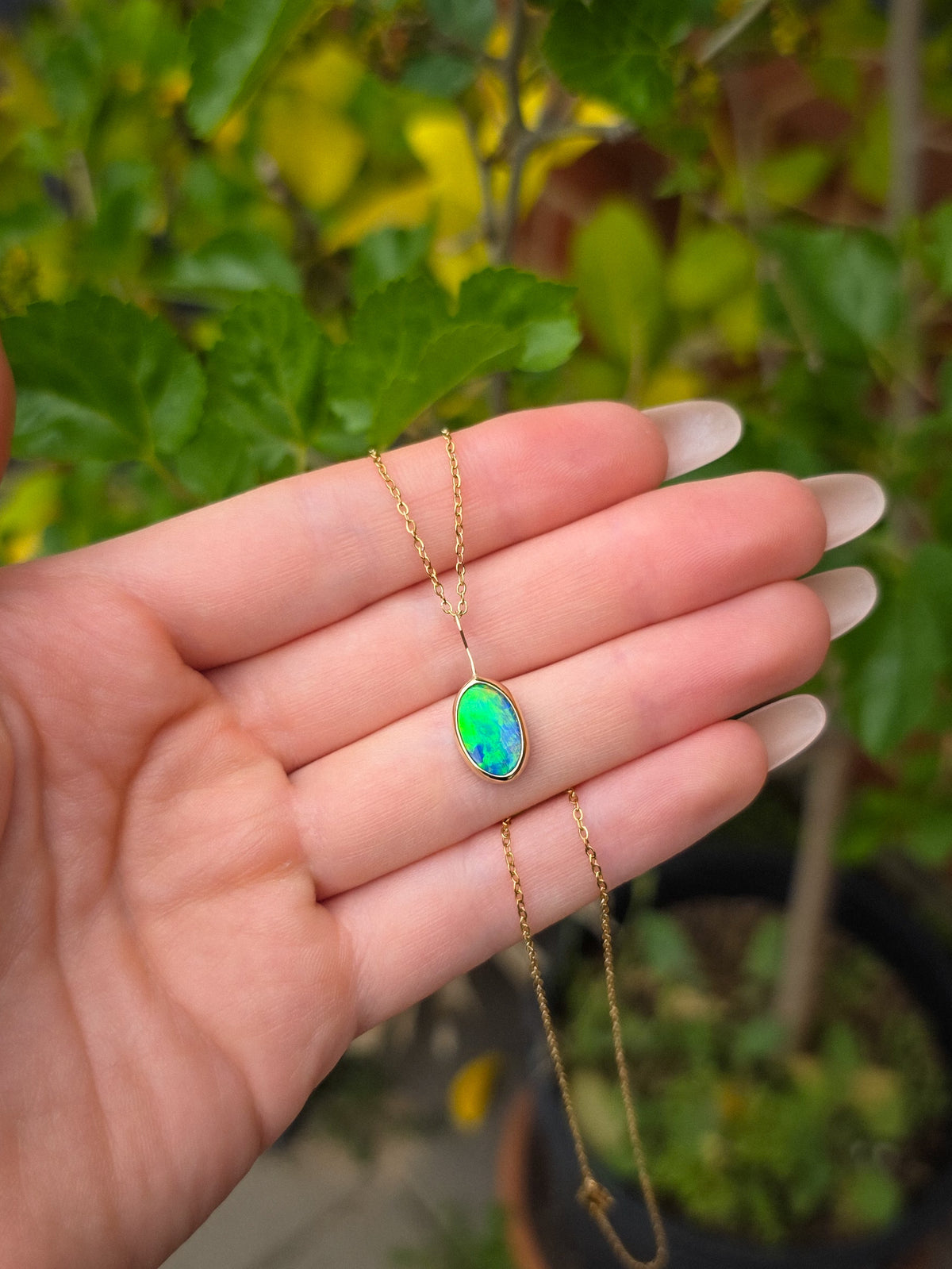 AURELIA | 14K Gold Coober Pedy Opal Doublet Pendant, Electric Green Australian Opal Necklace