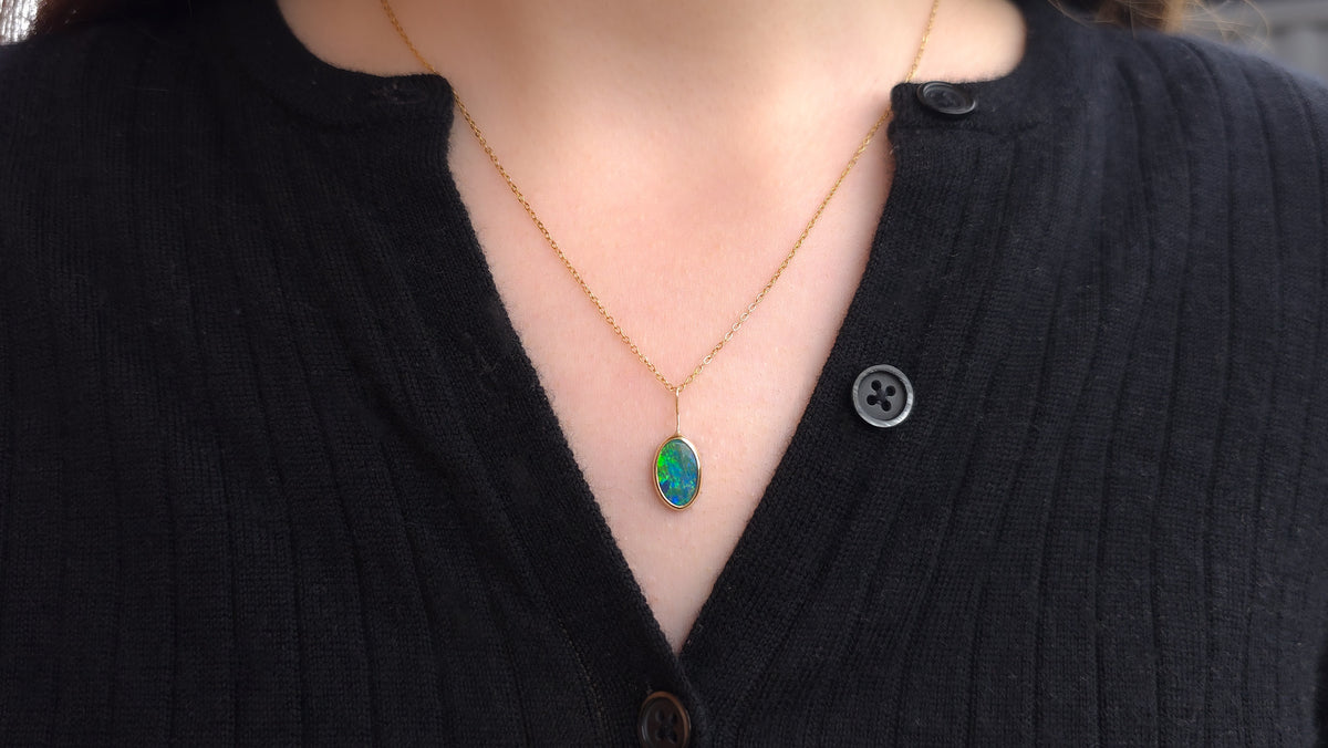 AURELIA | 14K Gold Coober Pedy Opal Doublet Pendant, Electric Green Australian Opal Necklace
