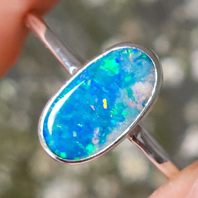 Sterling Silver Australian Opal Ring, Dainty Ring, SIZE US 7 3/4, Blue Opal Ring