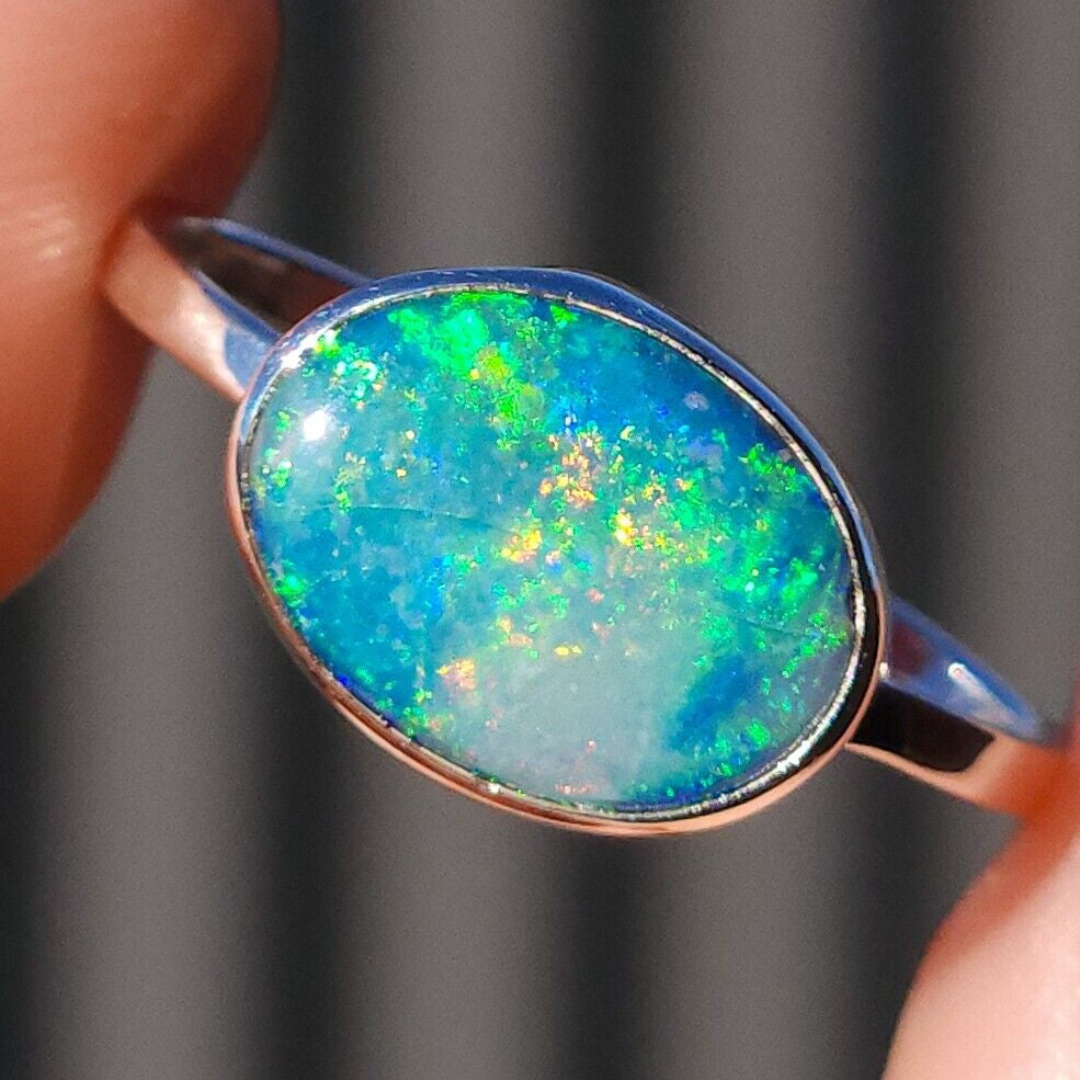 Coober Pedy Opal Doublet Ring, SIZE US 8, 925 Silver Australian Opal Ring