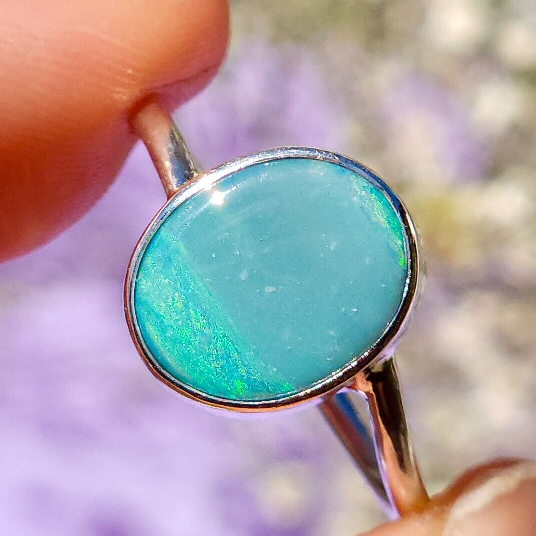 Sterling Silver Australian Opal Ring, Dainty Ring, SIZE US 7 3/4, Aqua Opal Ring