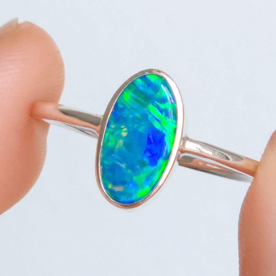 Sterling Silver Australian Opal Doublet Ring, SIZE US 8 1/4, Green Dainty Opal 