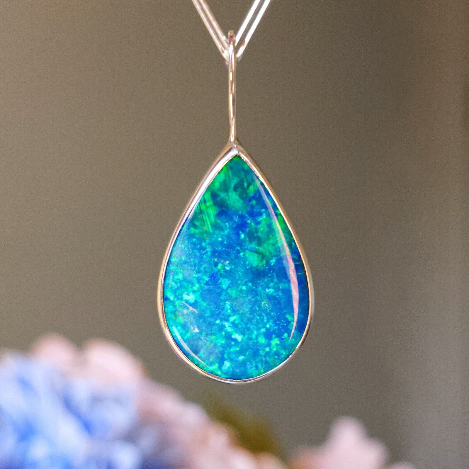 Green Australian Opal Necklace, Coober Pedy Opal Doublet, Solid Sterling Silver 